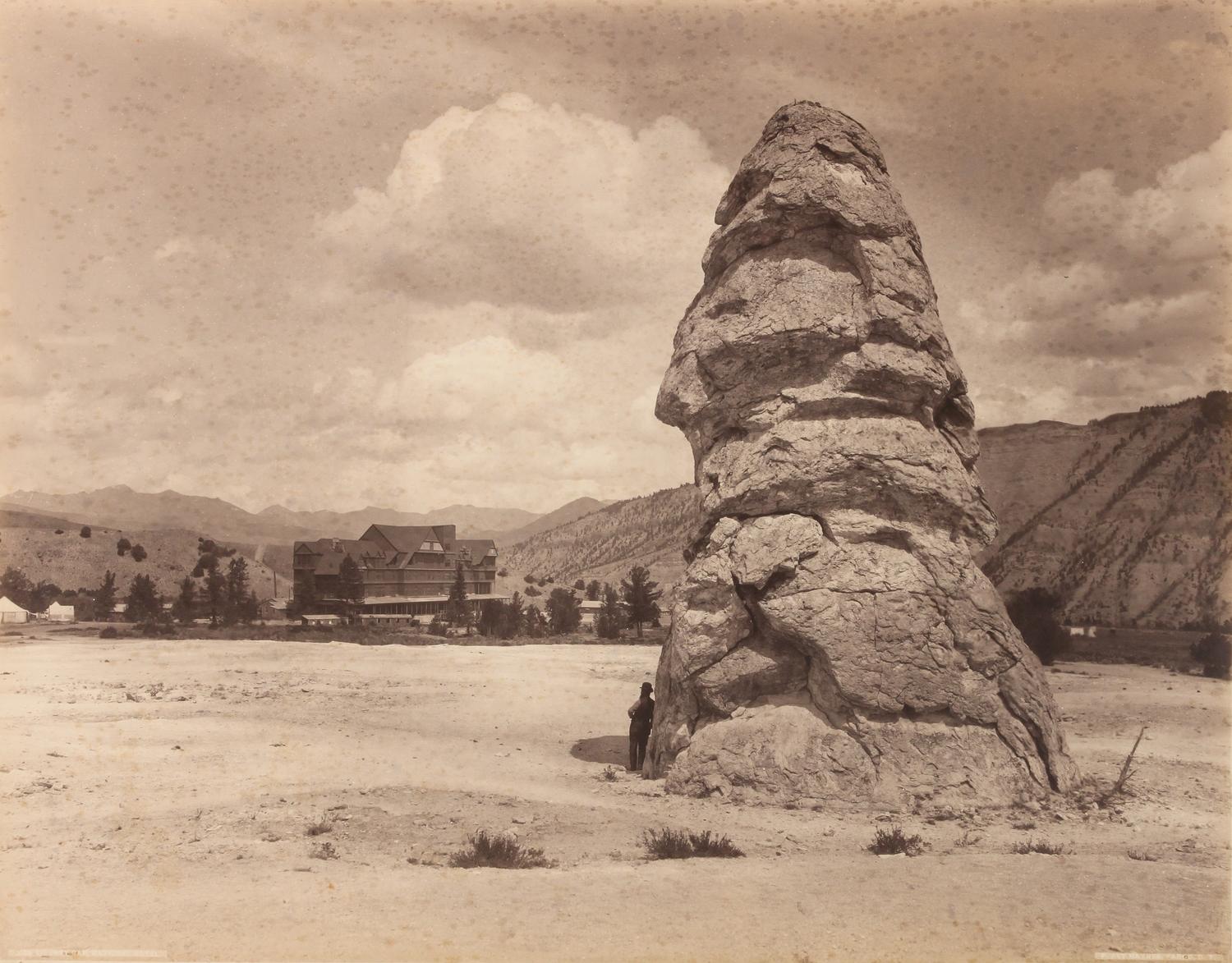 Frank Jay Haynes, (American, 1853-1921), Liberty Cap and Hotel, Yellowstone National Park Yellowstone Lake, Mount Sheridan, Yellowstone