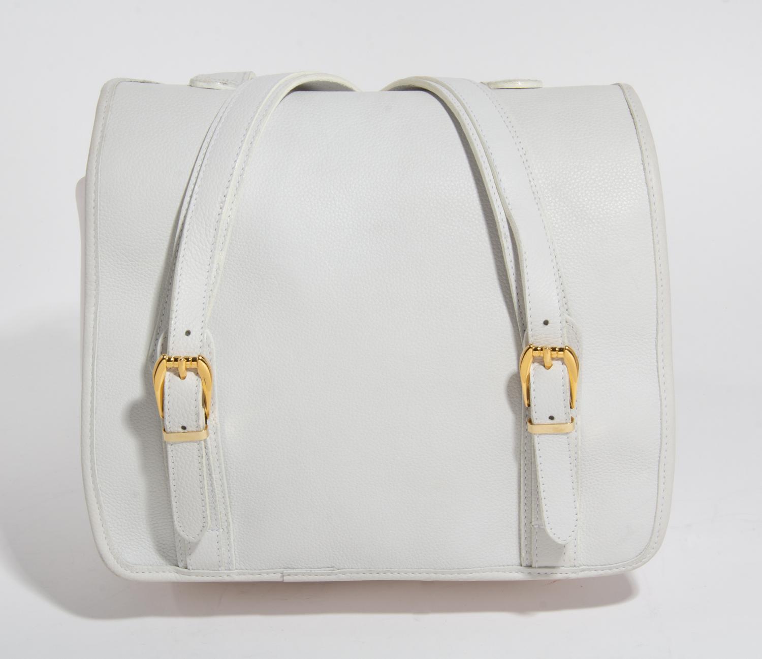 A Gianni Versace White Leather and Nylon Backpack, 11.5" x 10.5" x 4.5".