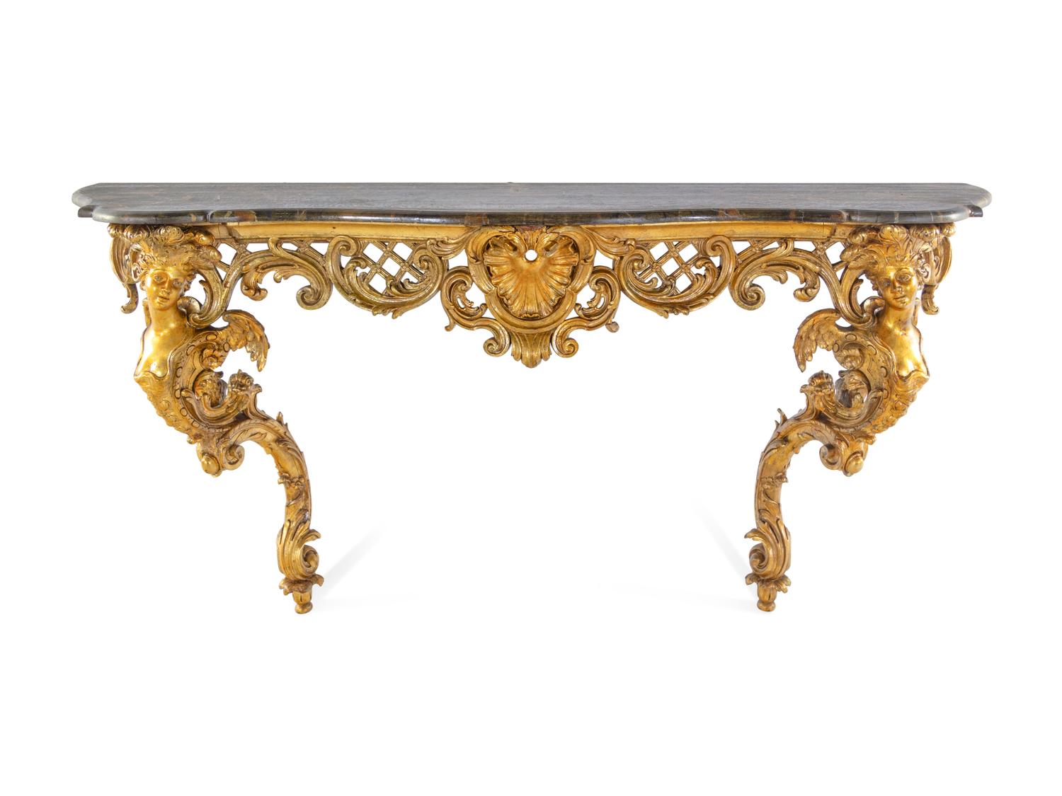 A Louis XV Style Carved Giltwood Faux Marble-Top Console Table
