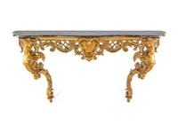 A Louis XV Style Carved Giltwood Faux Marble-Top Console Table