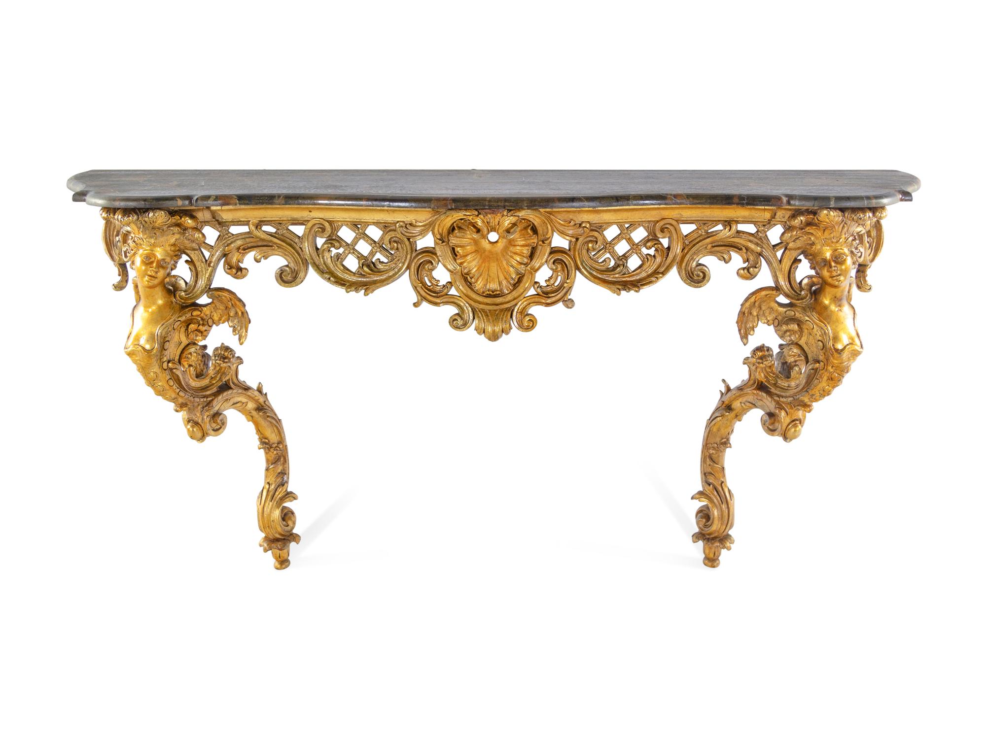 A Louis XV Style Carved Giltwood Faux Marble-Top Console Table