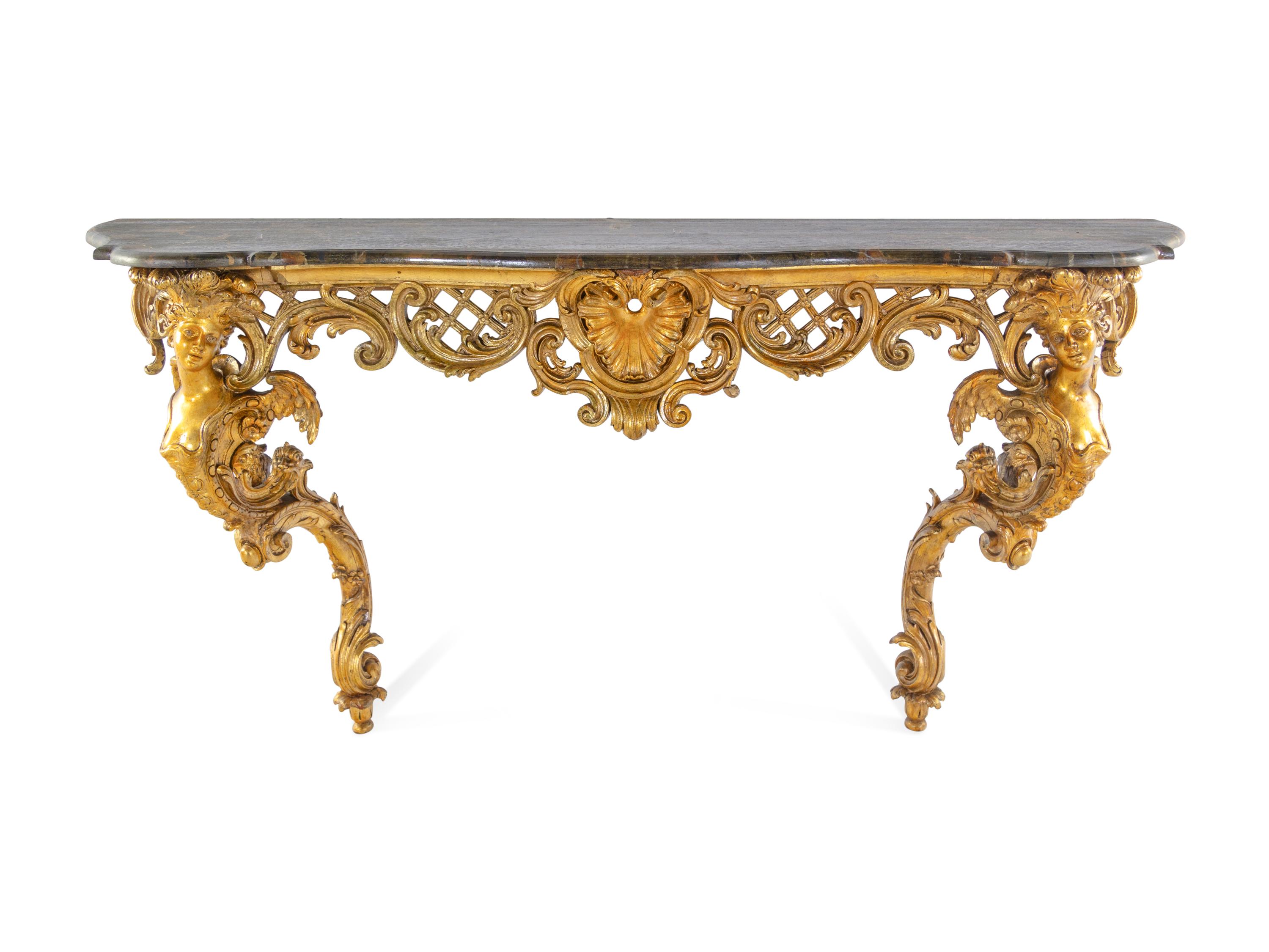 A Louis XV Style Carved Giltwood Faux Marble-Top Console Table