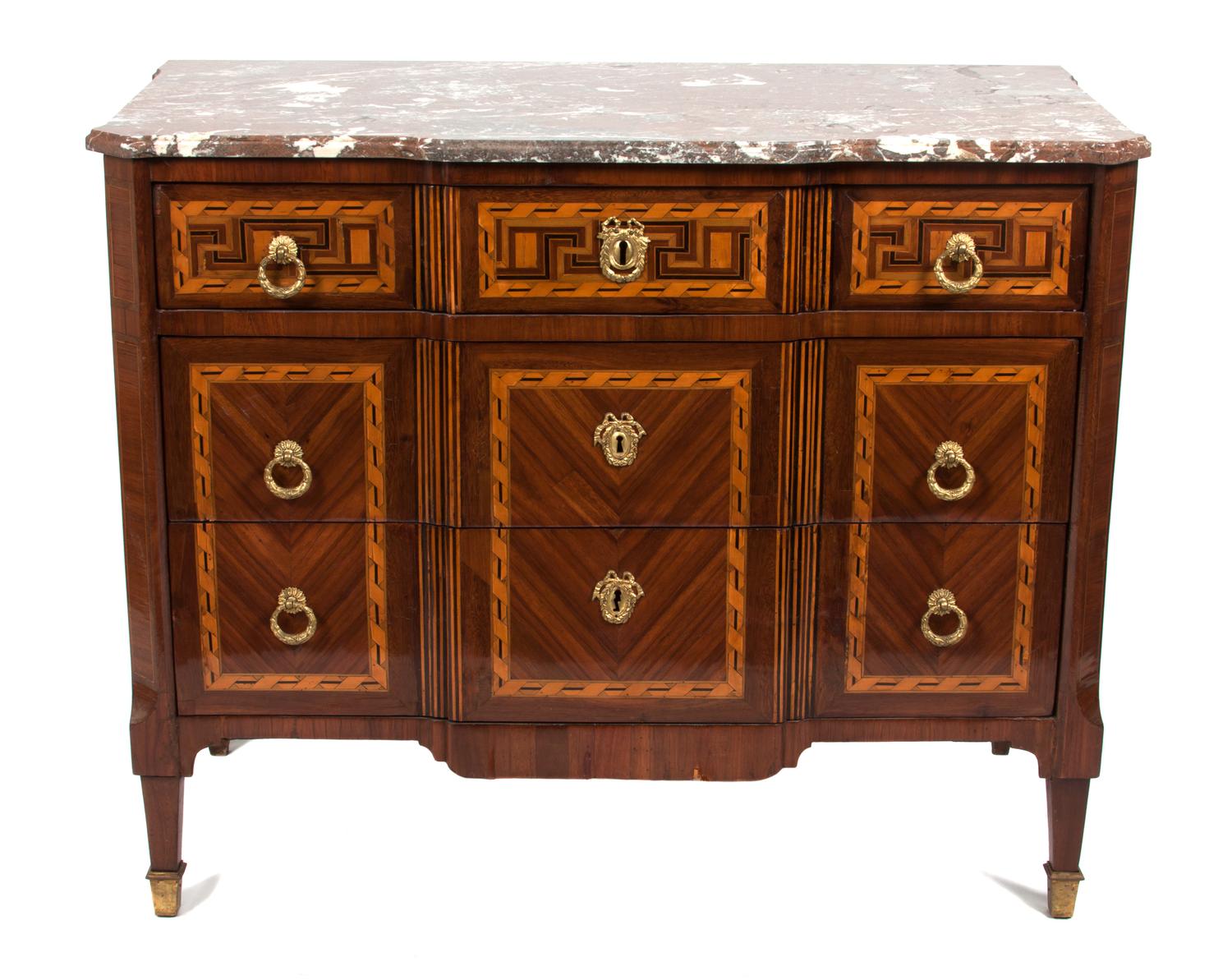 A Louis XVI Style Parquetry and Mahogany Commode Height 24 1/2 x width 42 1/2 x depth 22 inches.