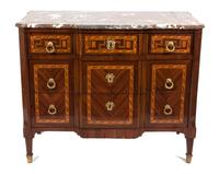 A Louis XVI Style Parquetry and Mahogany Commode Height 24 1/2 x width 42 1/2 x depth 22 inches.