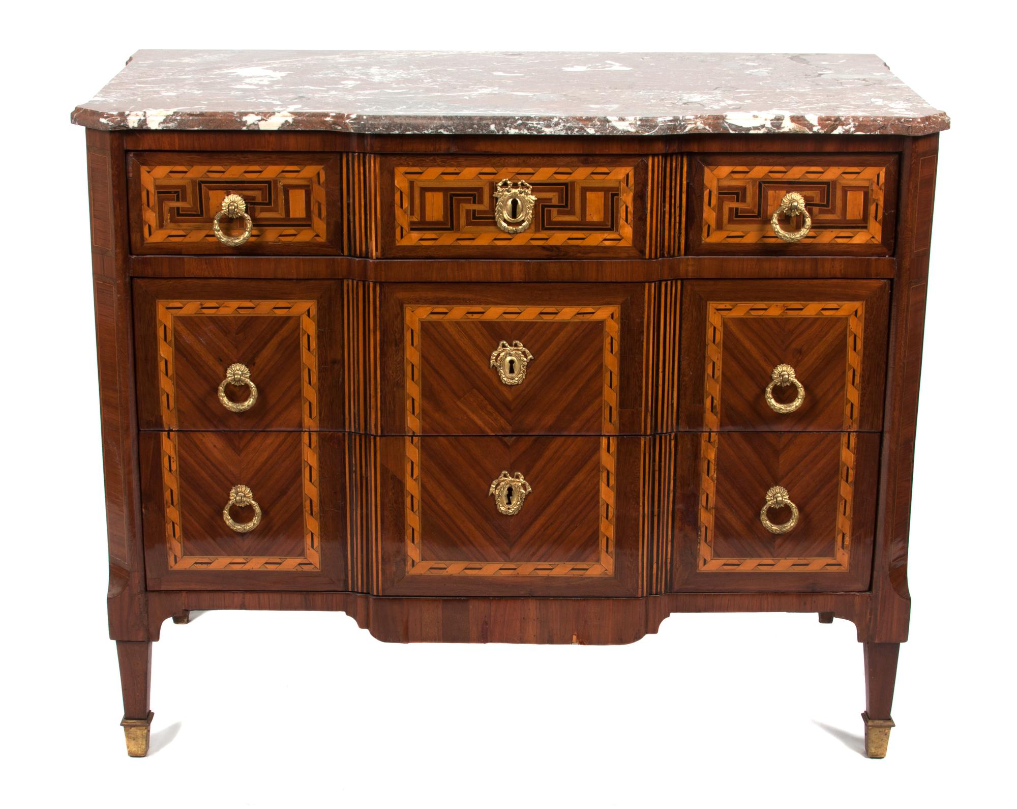A Louis XVI Style Parquetry and Mahogany Commode Height 24 1/2 x width 42 1/2 x depth 22 inches.