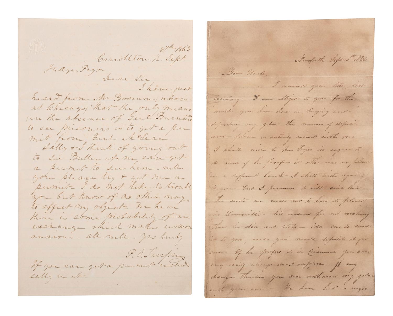 [CIVIL WAR]. Archive of 16 letters to Judge James Pryor, including some from Judge William S. Pryor.