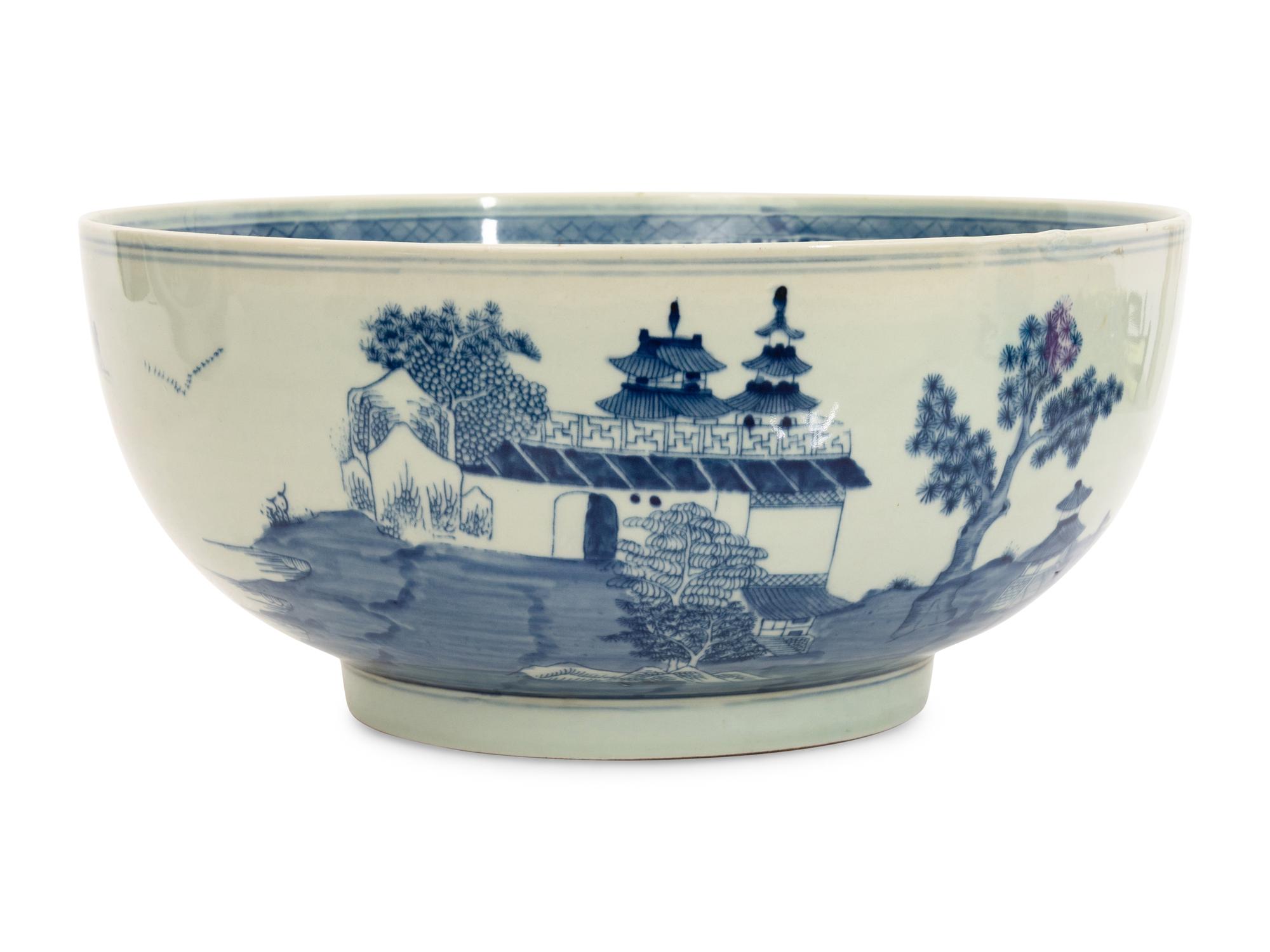 Two Chinese Export Porcelain Punch Bowls and Associated Canton Ware Platter