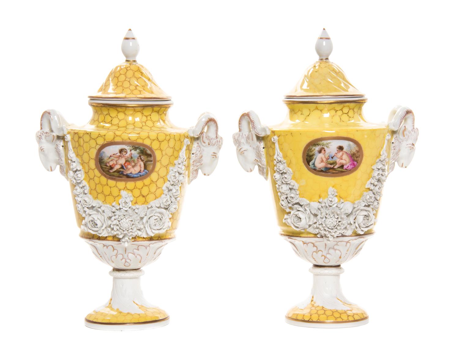 A Pair of Sevres Porcelain Covered Urns, Height 12 1/2 inches.