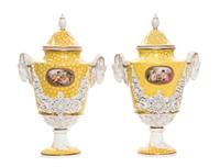 A Pair of Sevres Porcelain Covered Urns, Height 12 1/2 inches.