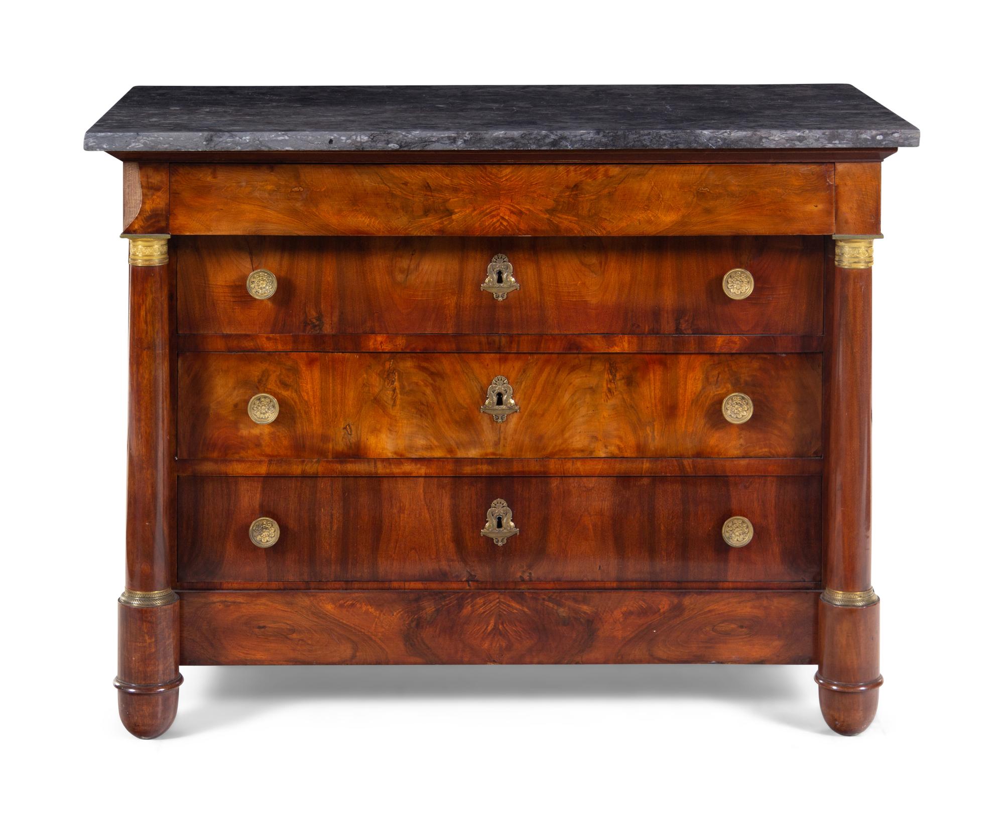 An Empire Style Gilt Metal Mounted Mahogany Marble-Top Commode