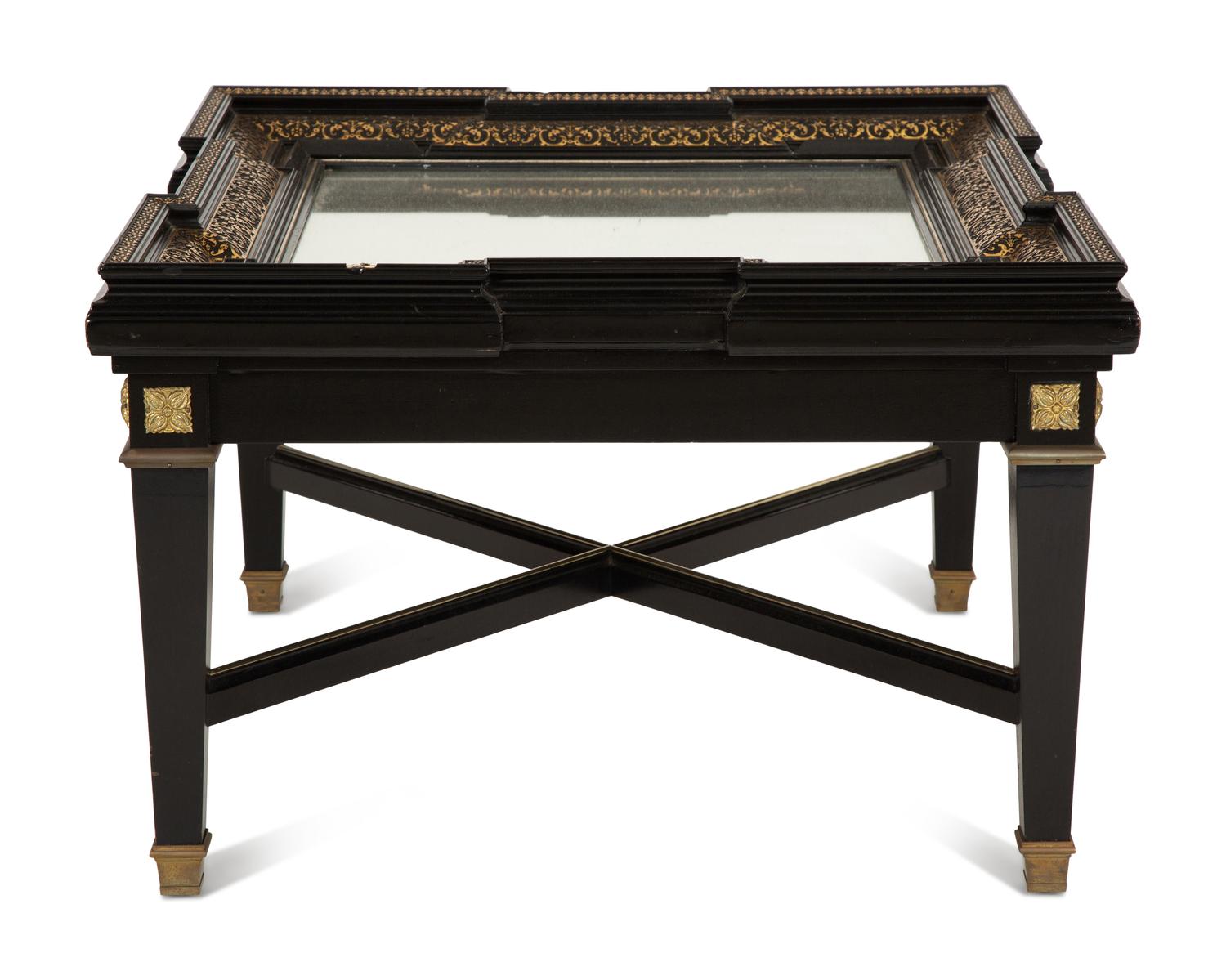 A Neoclassical Style Ebonized Low Table with a Brass Inlaid Framed Mirror Top — 20th Century