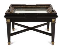 A Neoclassical Style Ebonized Low Table with a Brass Inlaid Framed Mirror Top — 20th Century