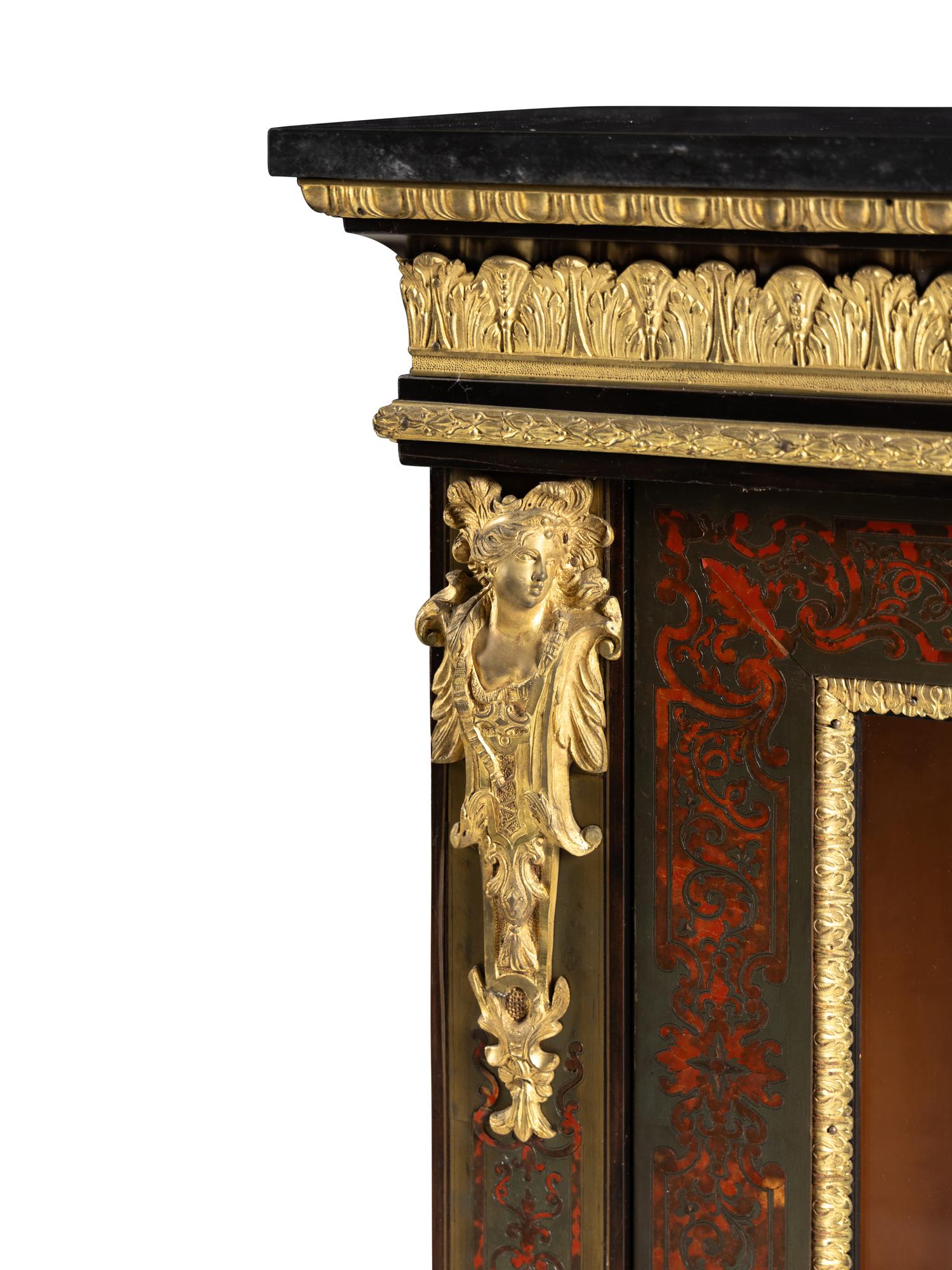 A Pair of French Gilt Bronze Mounted Boulle Marquetry Marble-Top Cabinets