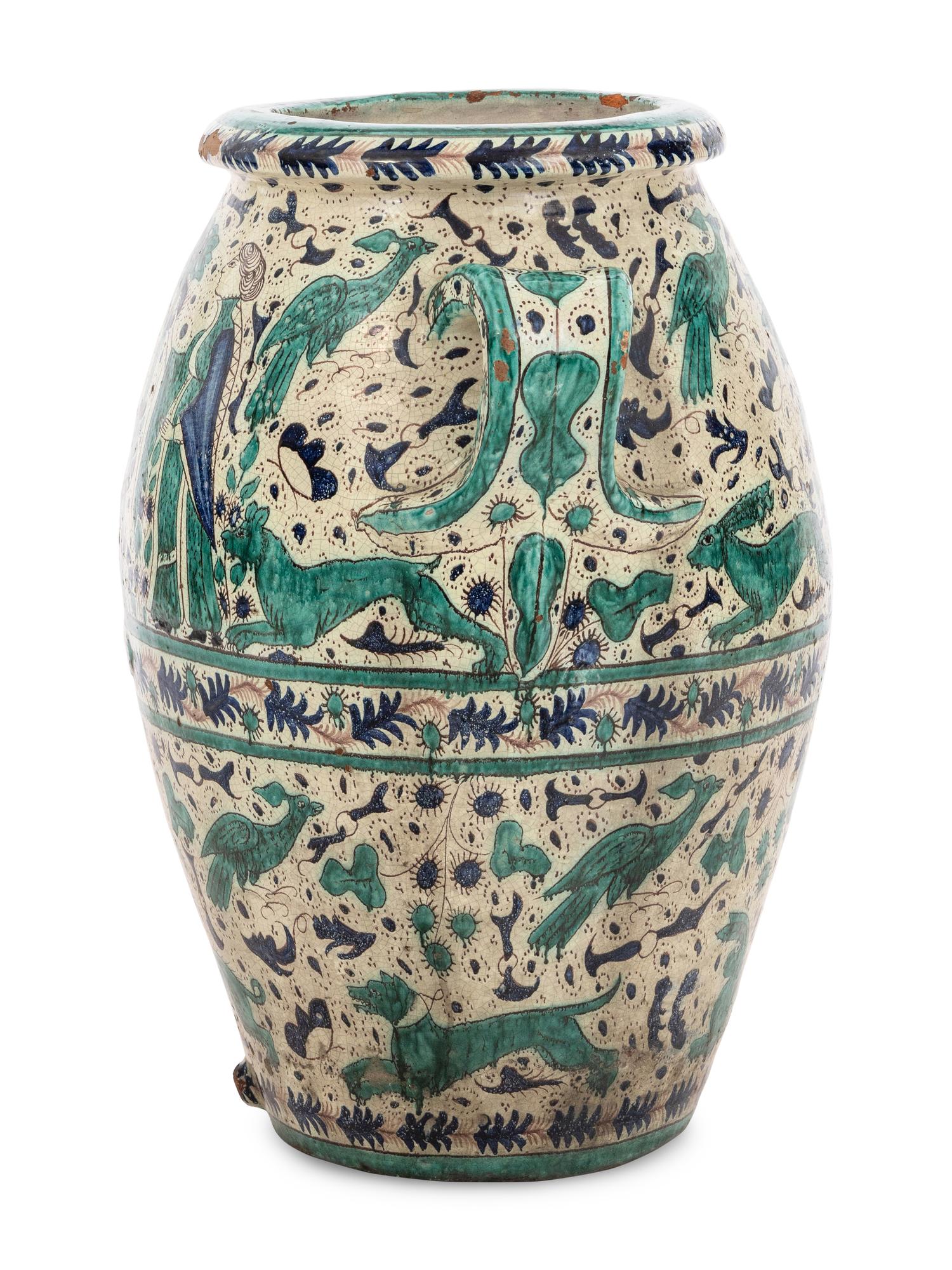A Monumental Italian Majolica Double-Handle Vessel
