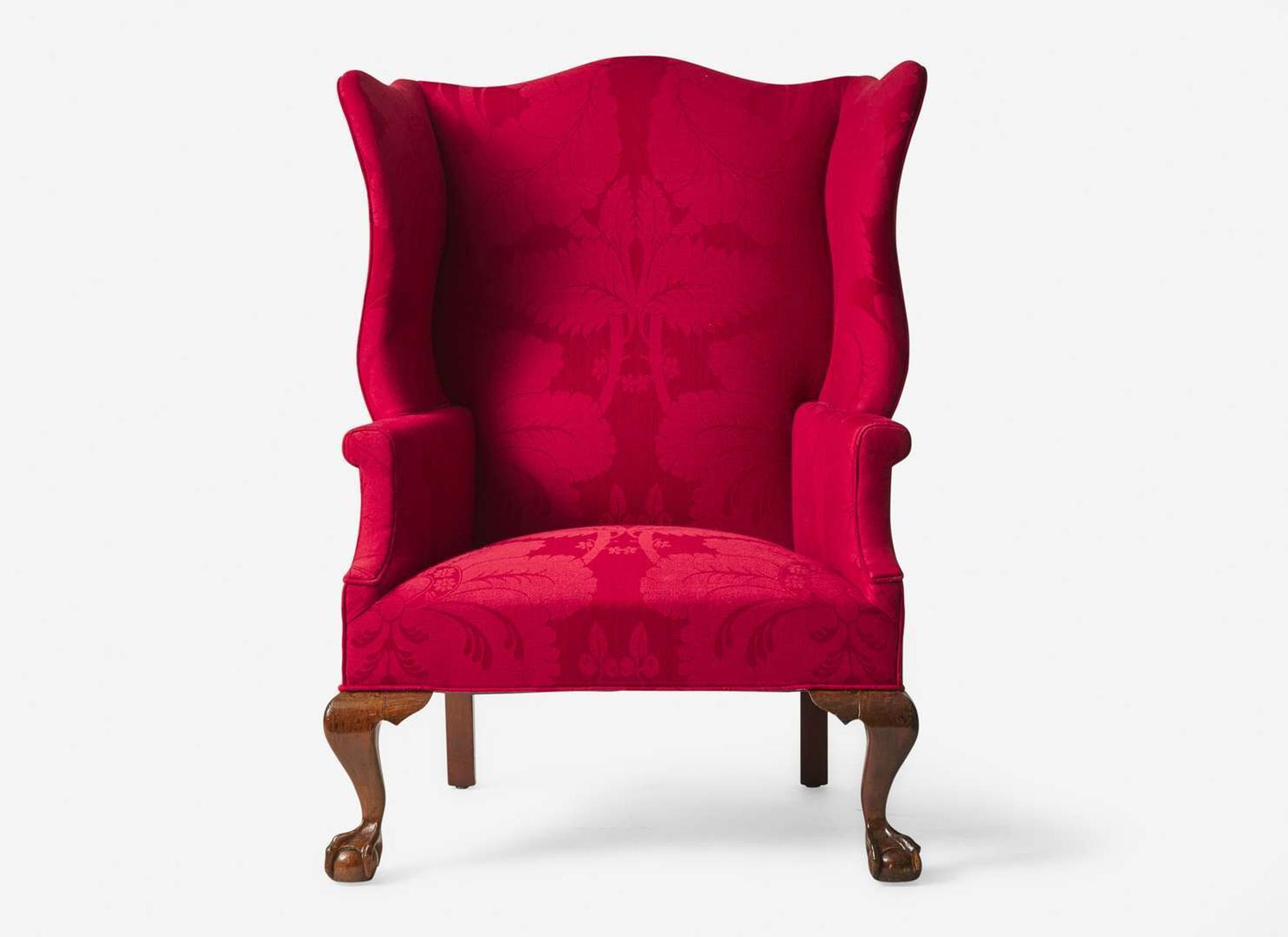 A Chippendale mahogany easy chair with red damask upholstery, circa 1780 and possibly later