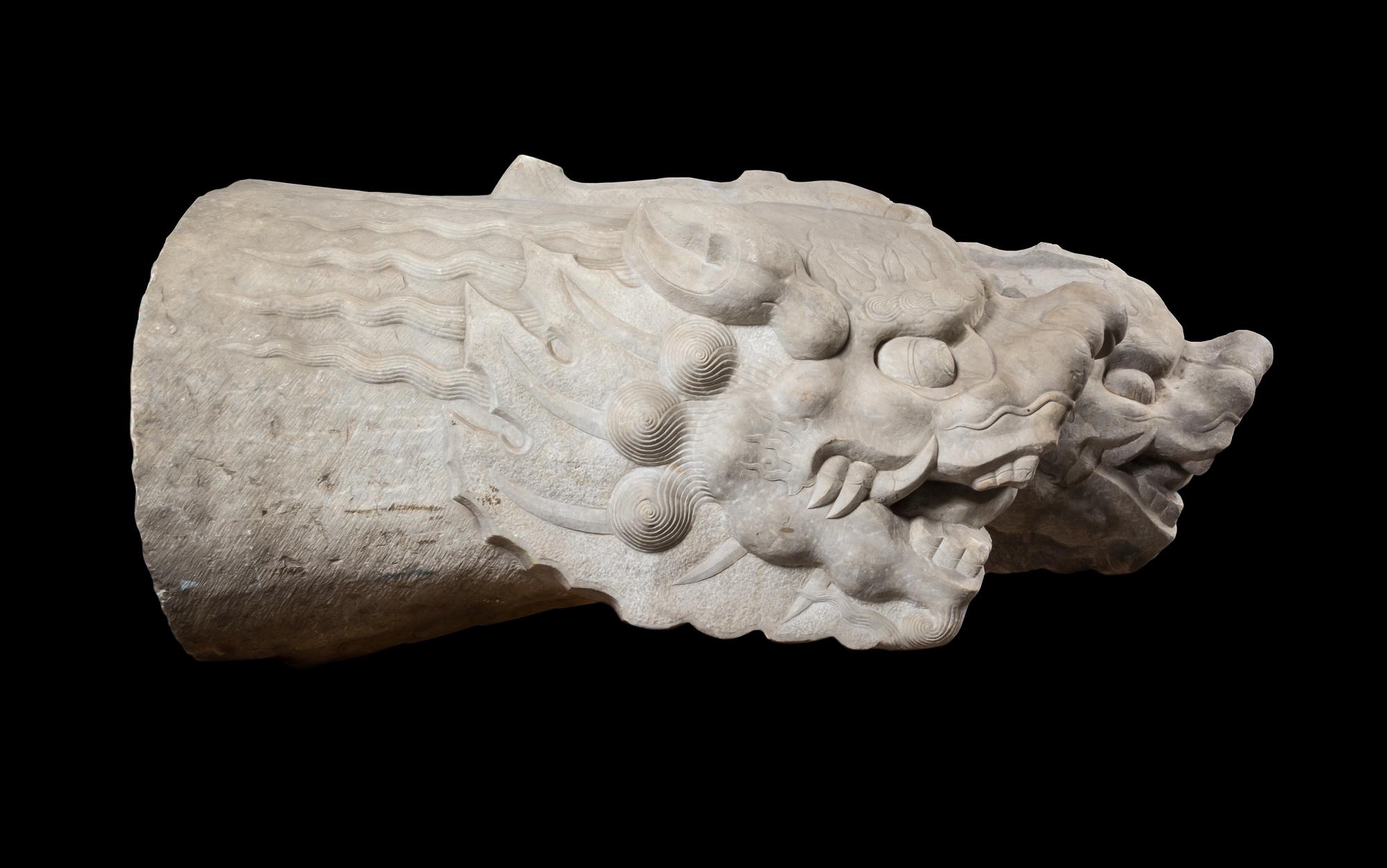 A Pair of Monumental, Rare and Important Chinese Imperial Stone Dragon Spouts QIANLONG PERIOD Overall length approximately 48 inches. — QIANLONG PERIOD
