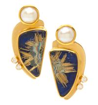 A Pair of Yellow Gold, Lapis Lazuli, Rutilated Quartz, Mabe Pearl and Diamond Earrings, 11.40 dwts.