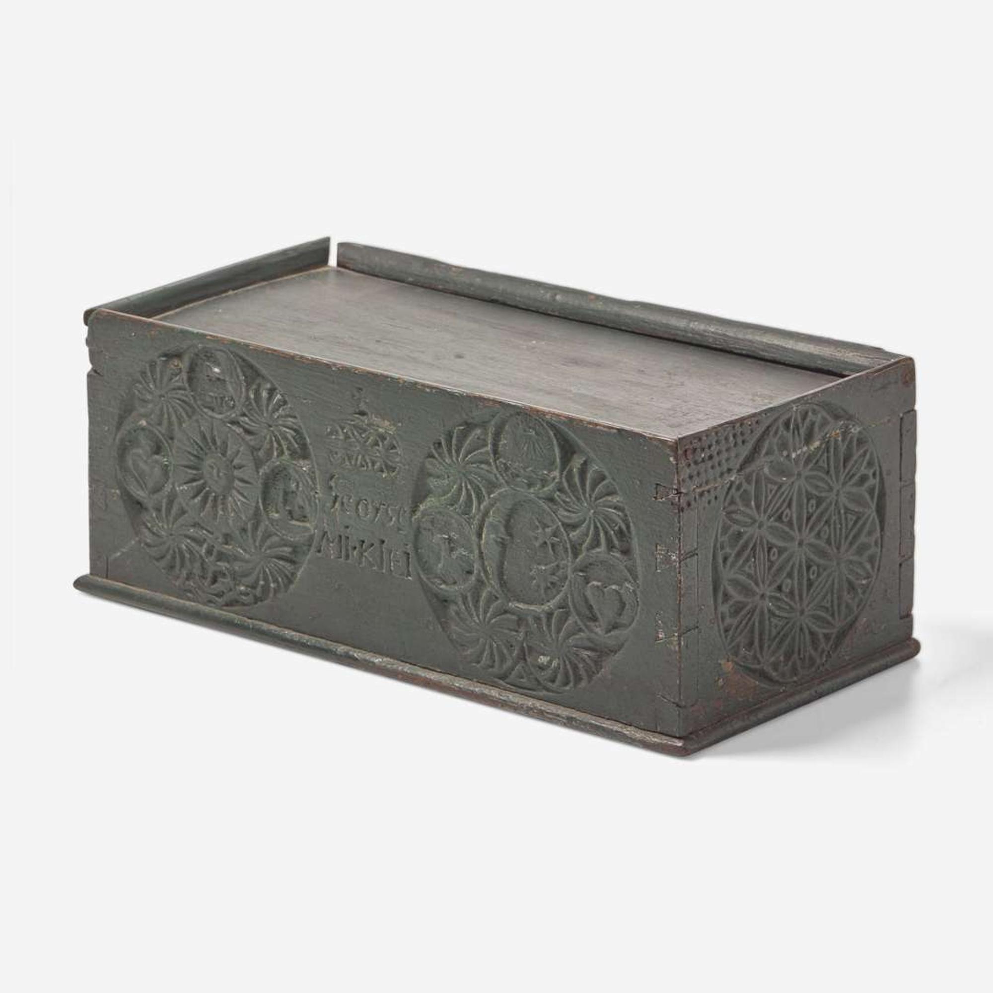 An assorted collection of nine carved and paint-decorated boxes and busk; American and Northern European, 18th / 19th century