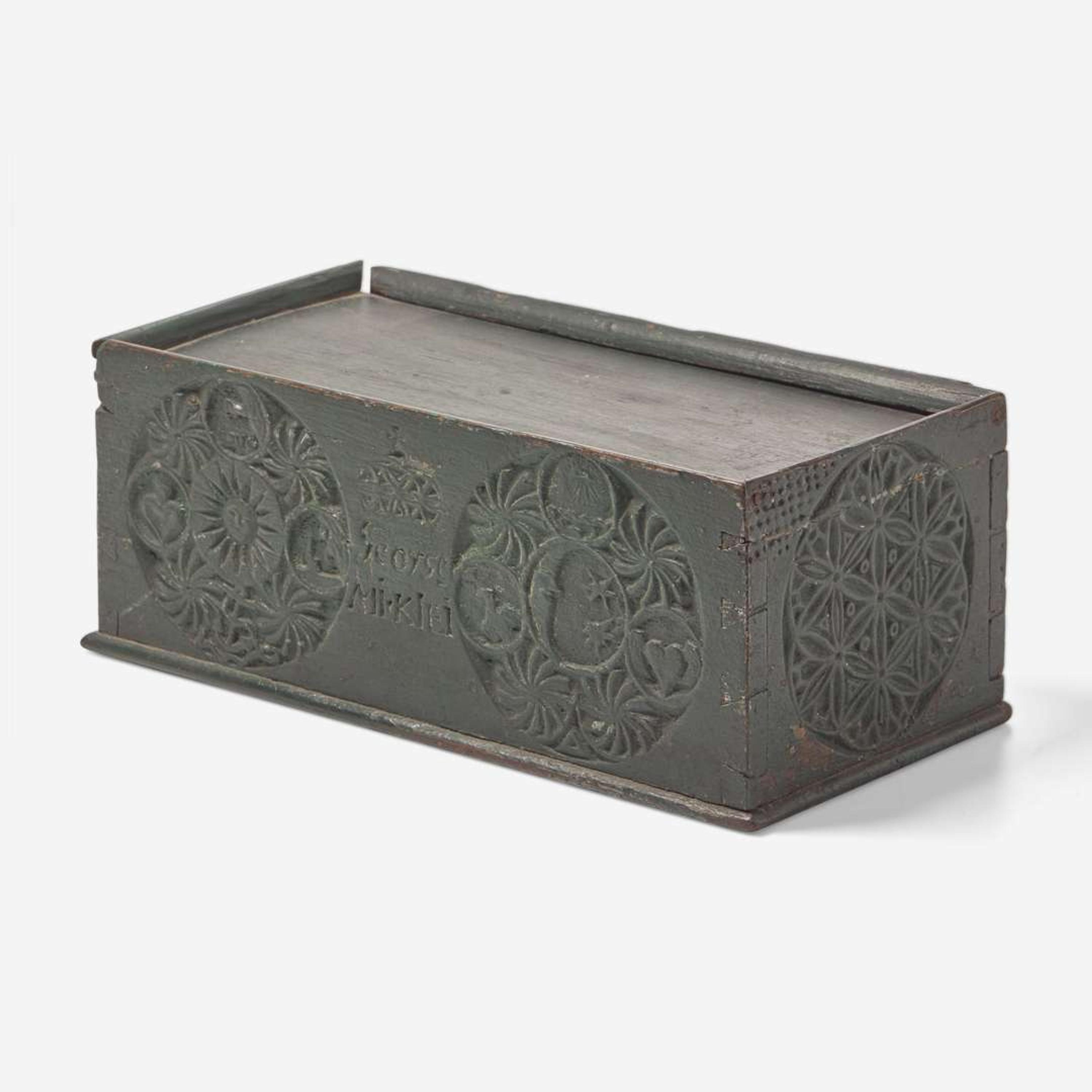 An assorted collection of nine carved and paint-decorated boxes and busk; American and Northern European, 18th / 19th century