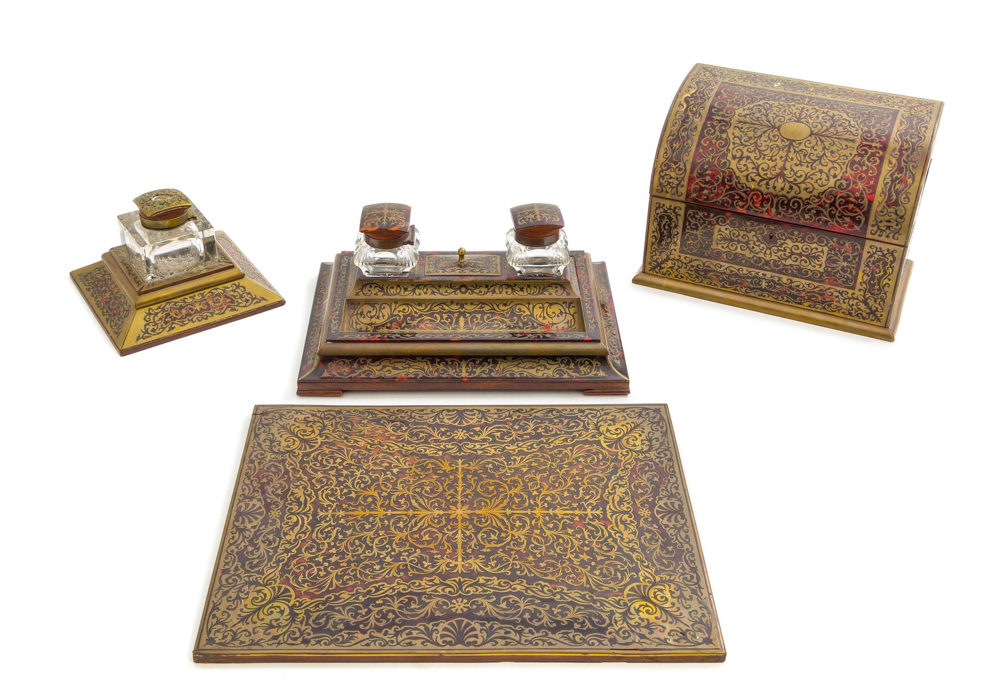 Four Boulle Marquetry Desk Articles Width of standish 12 1/2 inches.