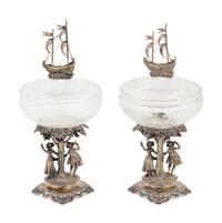 A Pair of Continental Silver Mounted Cut Glass Vessels