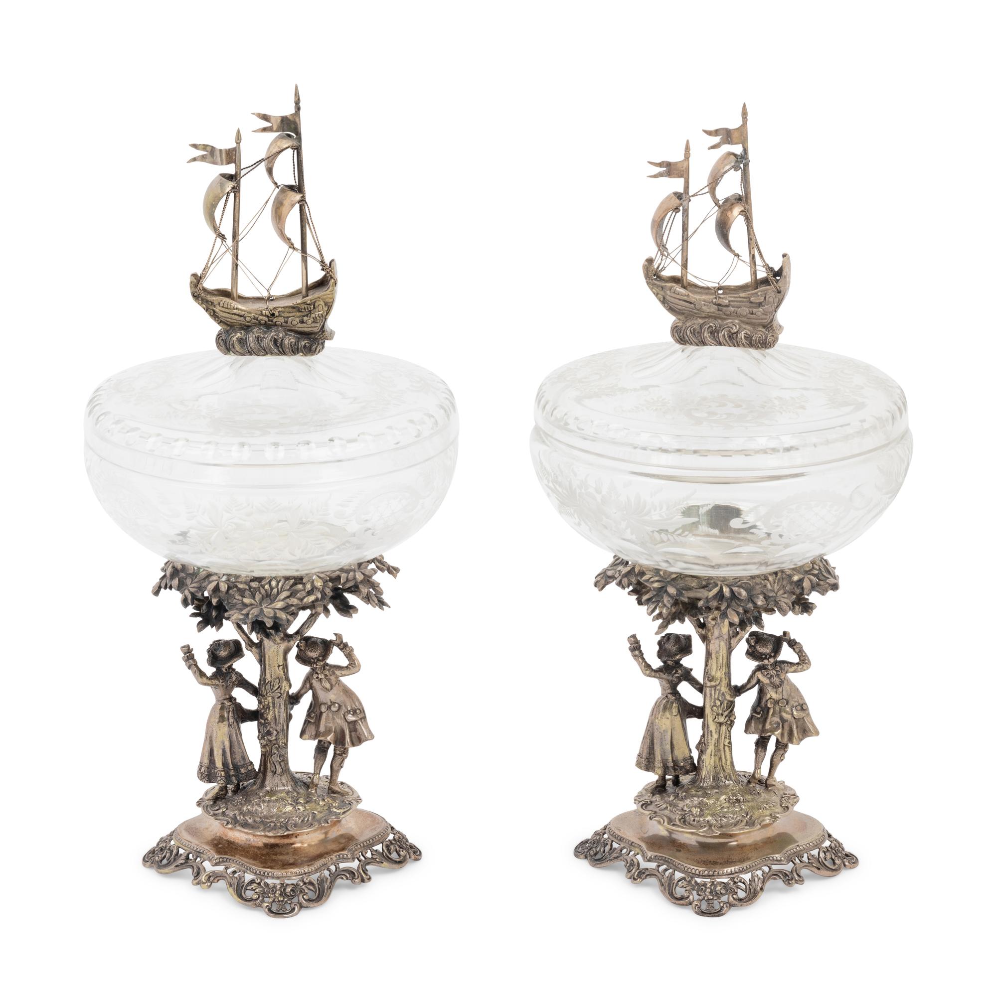 A Pair of Continental Silver Mounted Cut Glass Vessels