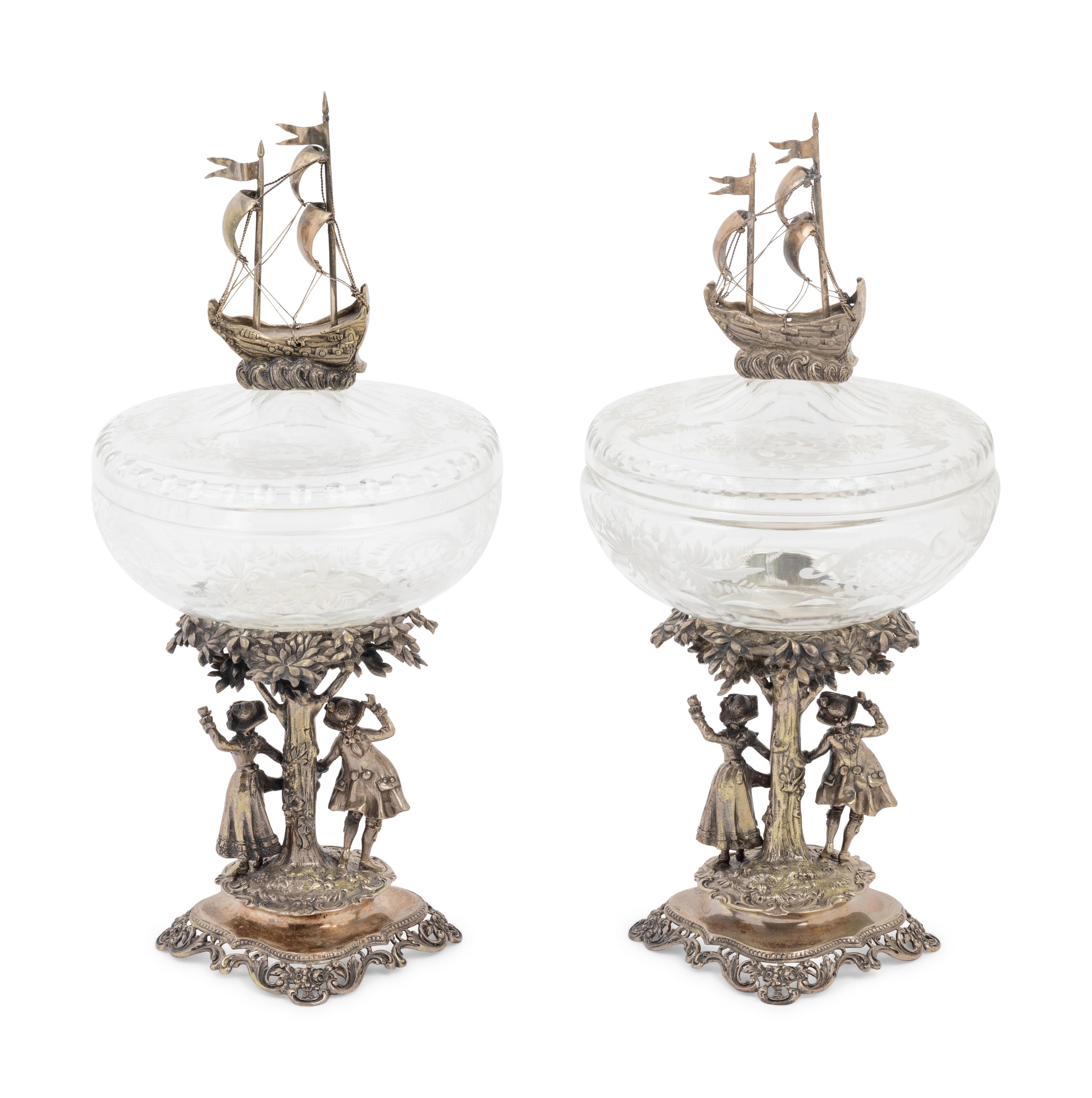 A Pair of Continental Silver Mounted Cut Glass Vessels