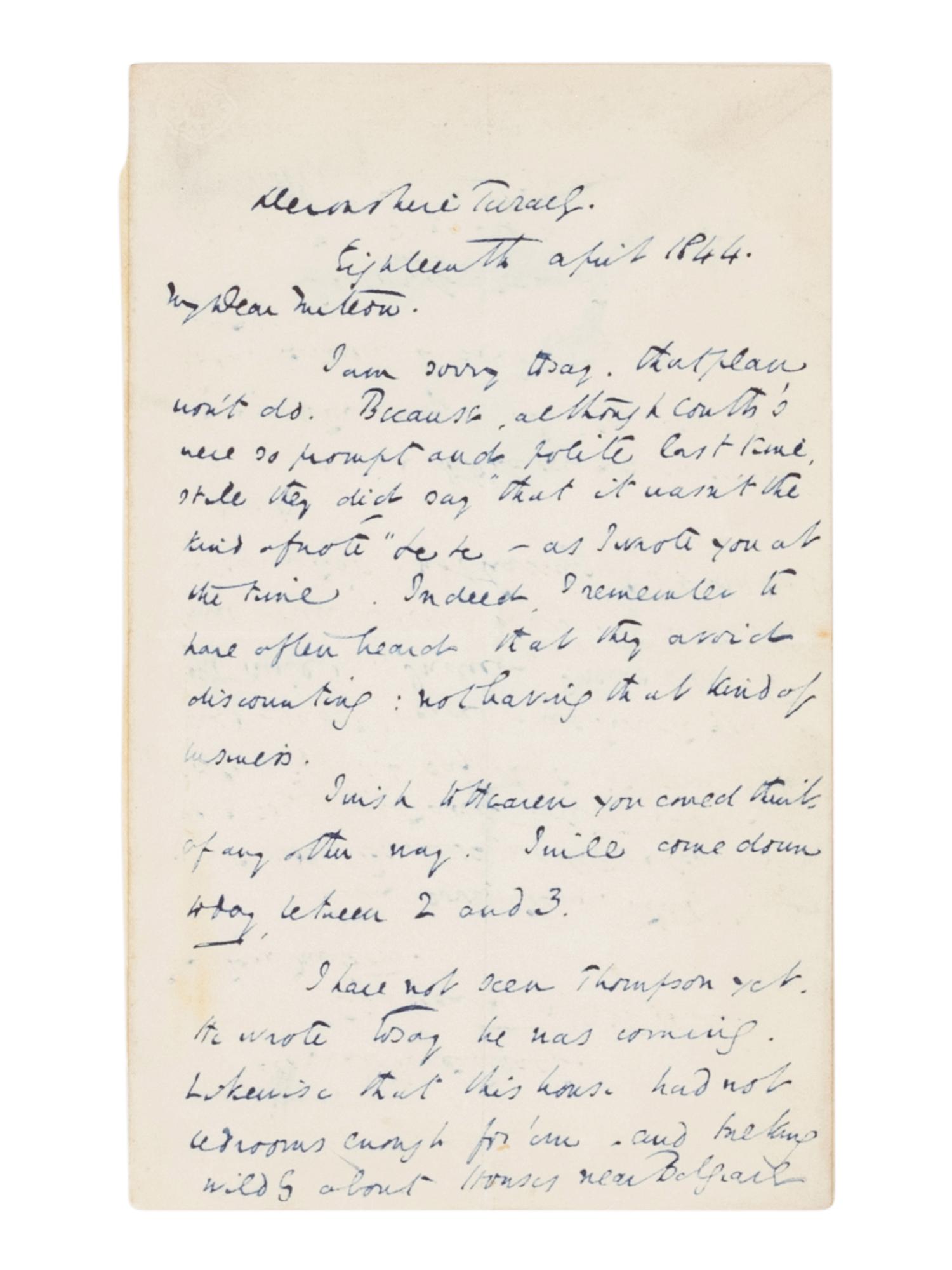 DICKENS, Charles (1812-1870). Autograph letter signed (“CD”), to [Thomas] Mitton (“My Dear Mitton”). Devonshire Terrace, 18 April 1844.
