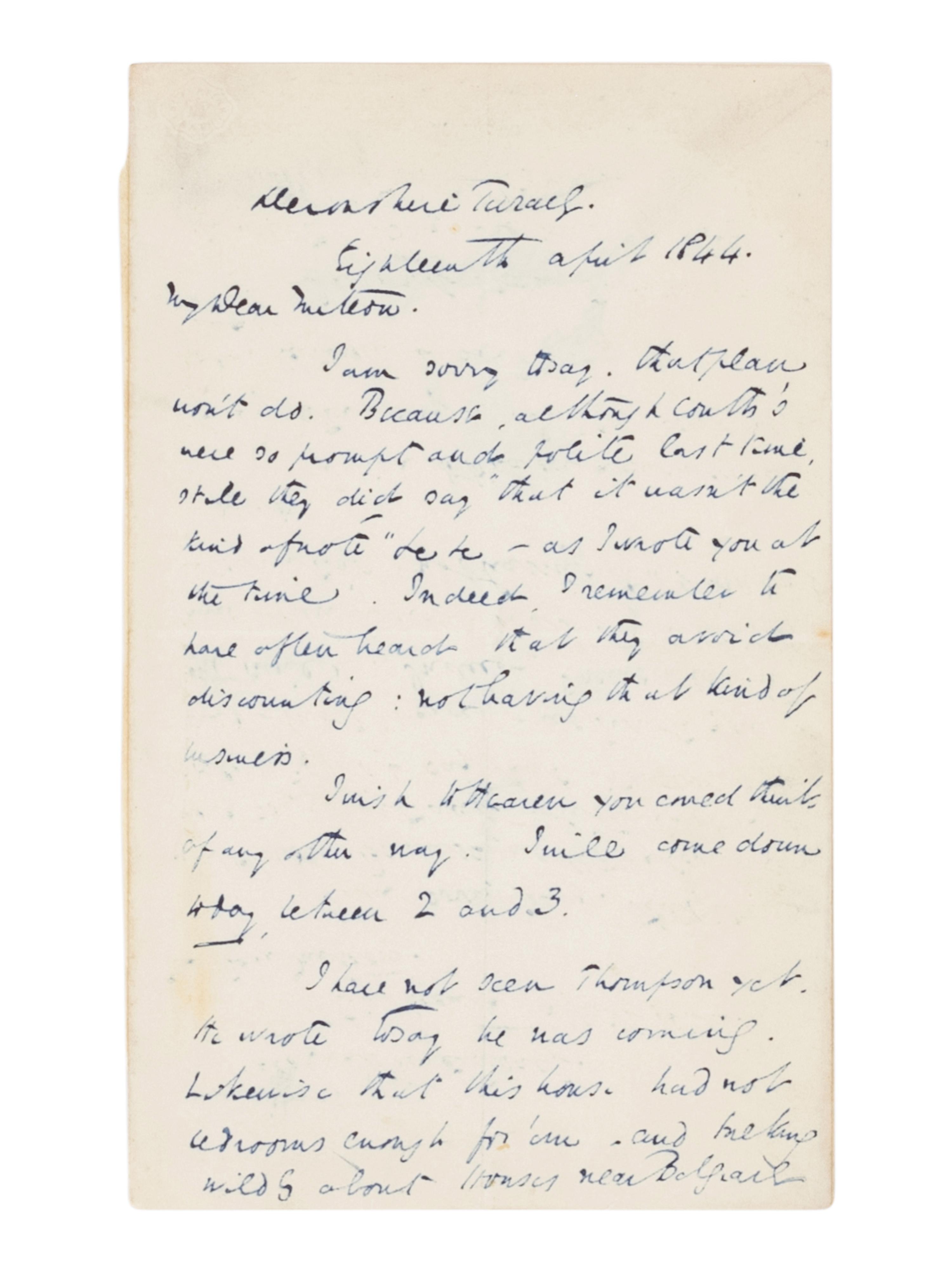 DICKENS, Charles (1812-1870). Autograph letter signed (“CD”), to [Thomas] Mitton (“My Dear Mitton”). Devonshire Terrace, 18 April 1844.