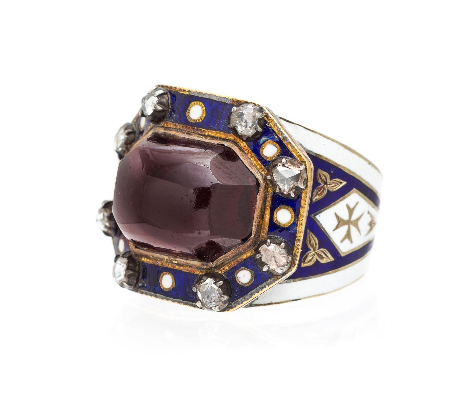 A Georgian, Garnet, Polychrome Enamel and Diamond Ring, 7.80 dwts.