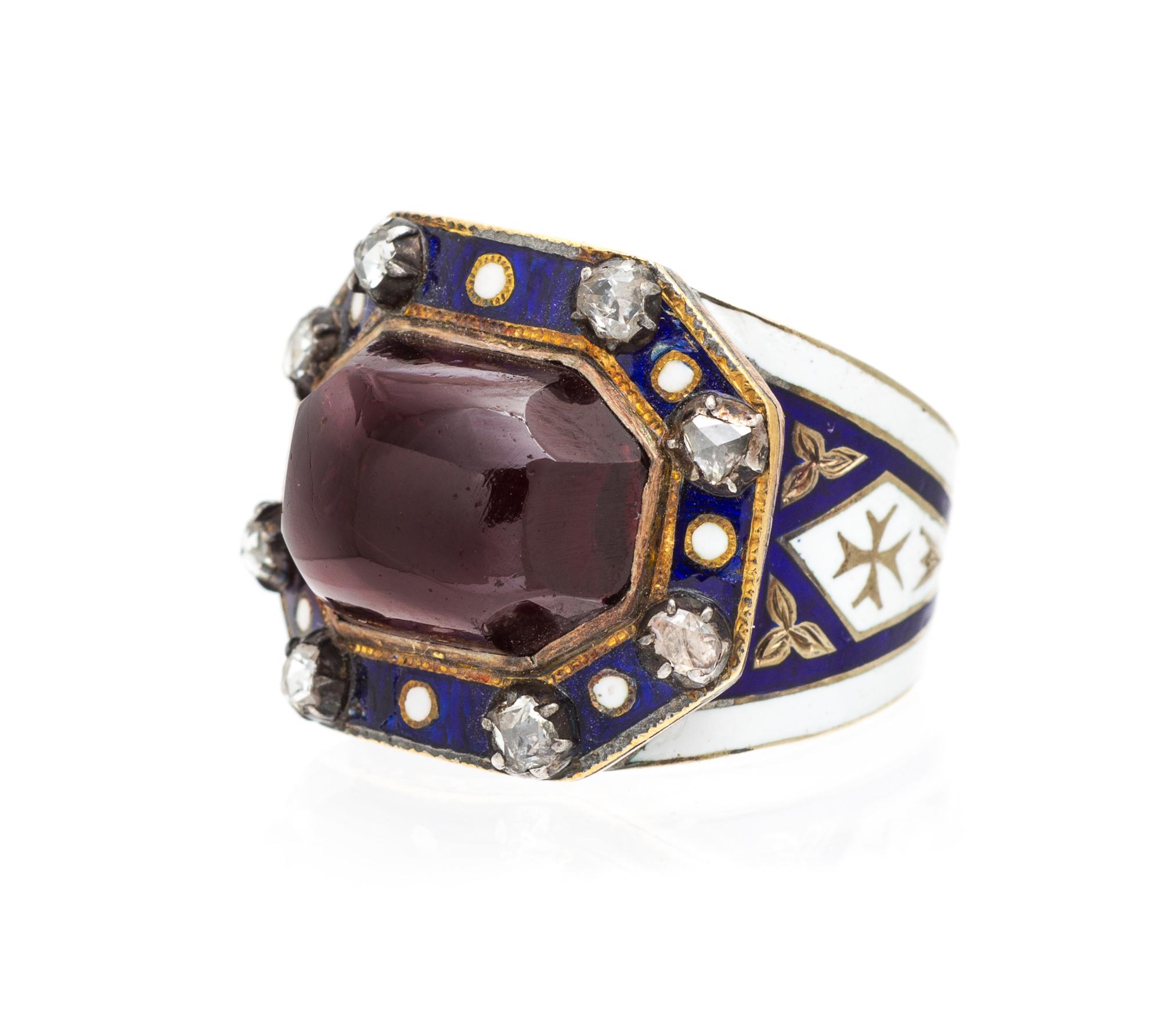 A Georgian, Garnet, Polychrome Enamel and Diamond Ring, 7.80 dwts.