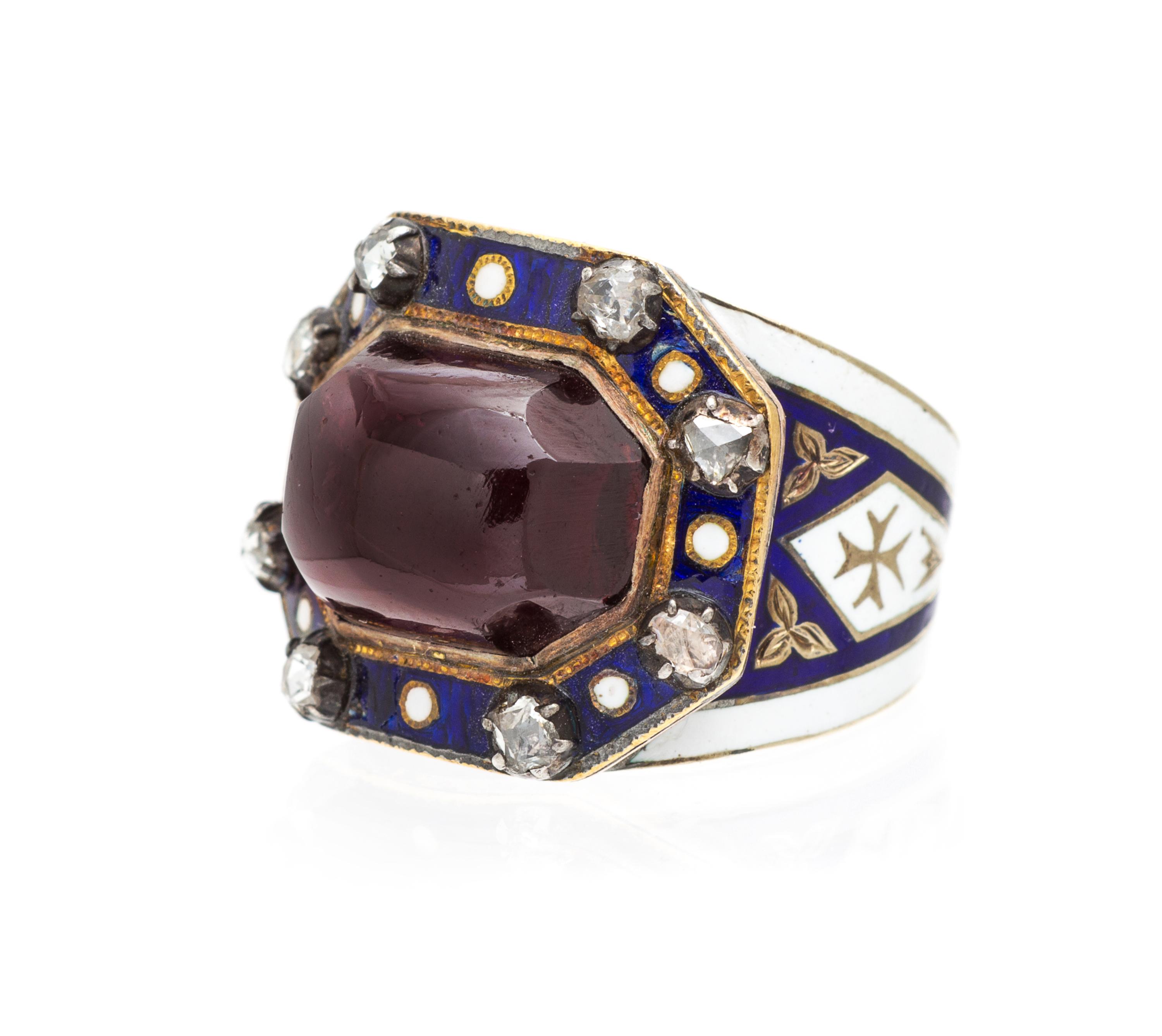 A Georgian, Garnet, Polychrome Enamel and Diamond Ring, 7.80 dwts.