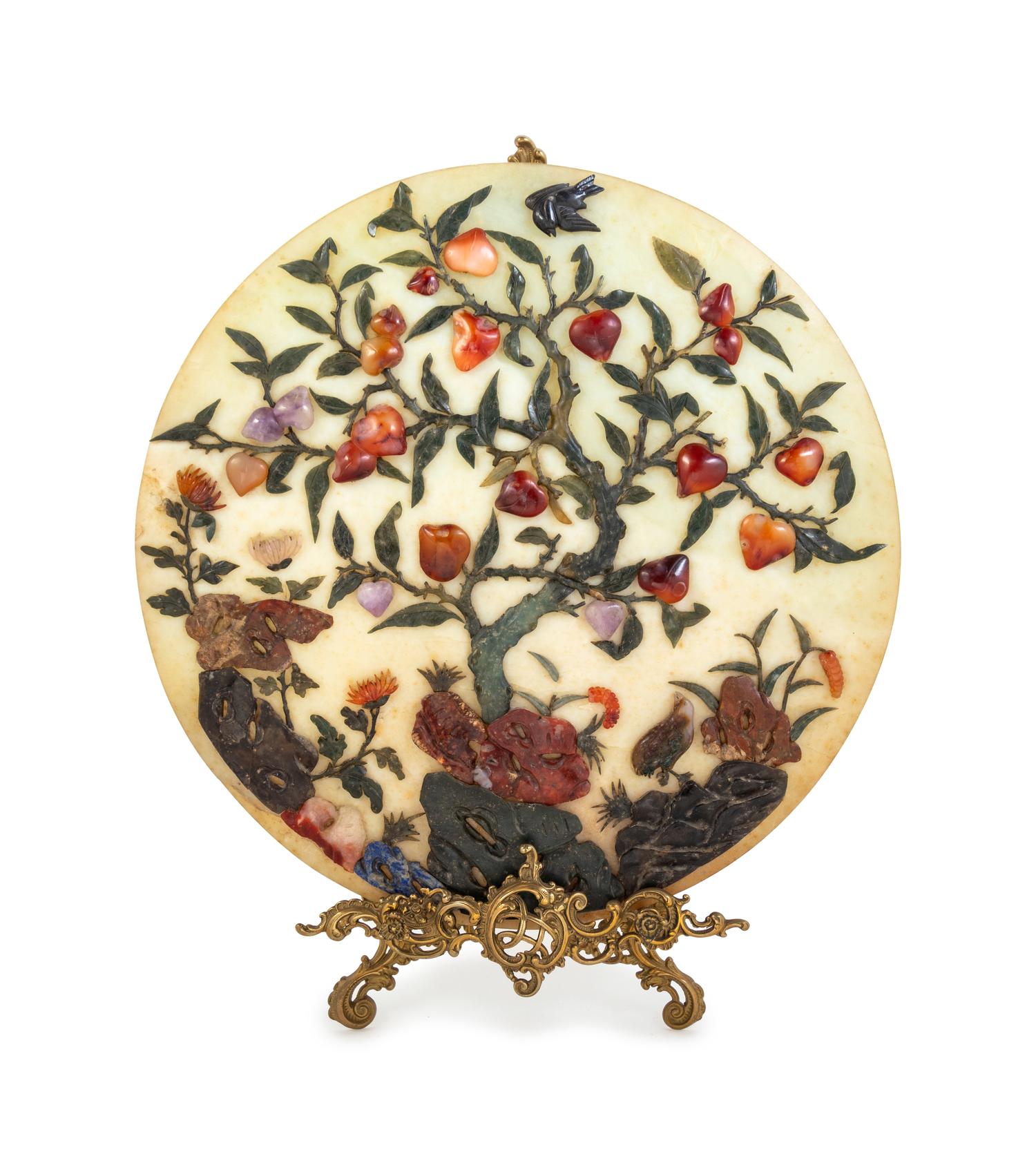 A Chinese Amethyst, Rose Quartz and Lapis Lazuli Inlaid Circular Plaque