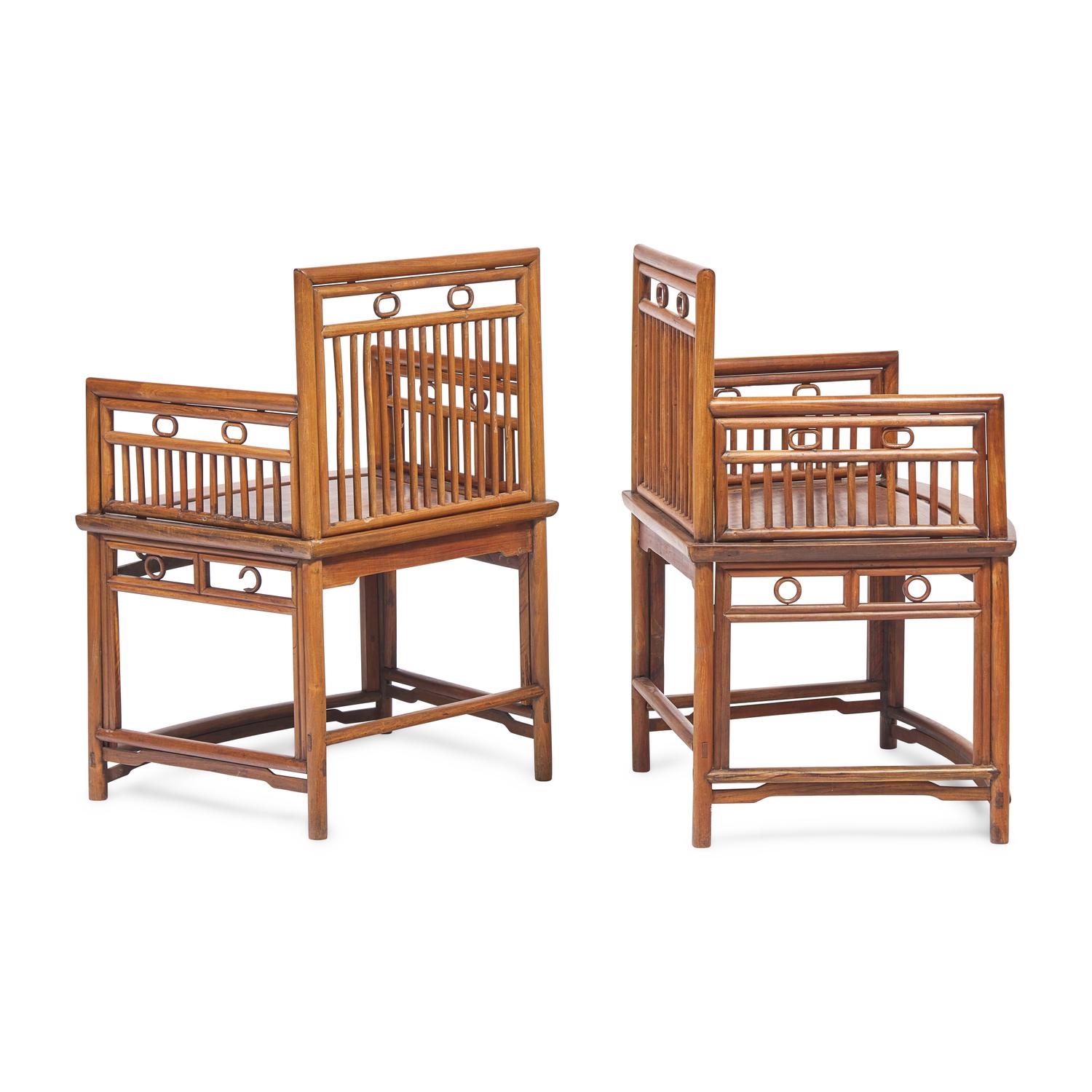 A Pair of Chinese Ming-Style Huanghuali and Mixed Wood Low Back Armchairs, Meiguiyi, 20th Century with Antique Elements 近代 黃花梨梳背式玫瑰椅一對