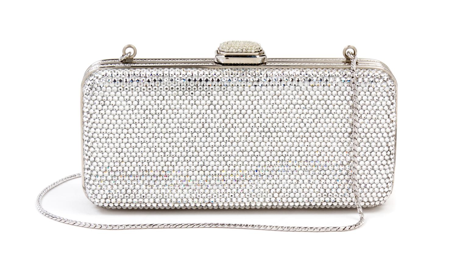 A Judith Leiber Crystal Rectangular Minaudiere, 6" x 2.5" x 1.5".