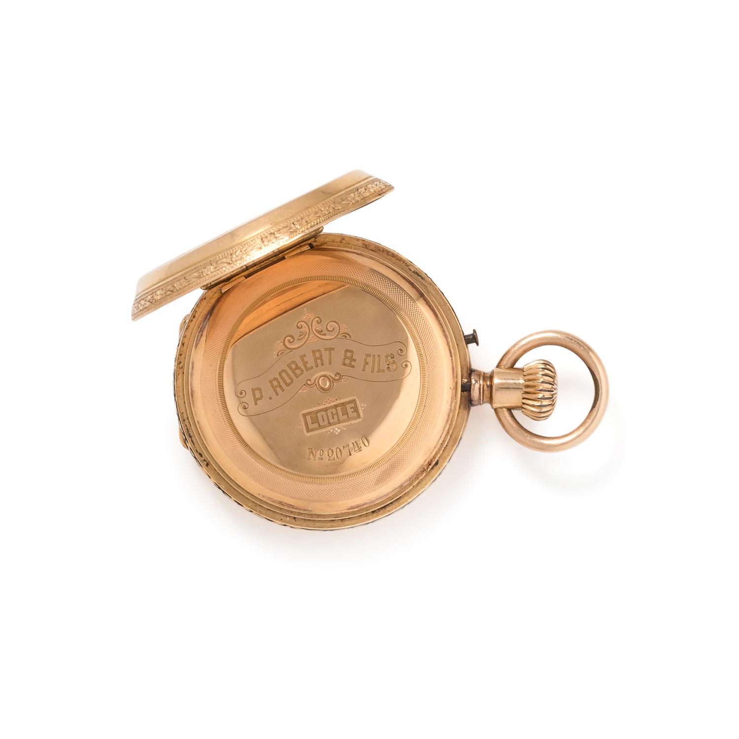 18K YELLOW GOLD AND ENAMEL HUNTER CASE POCKET WATCH
