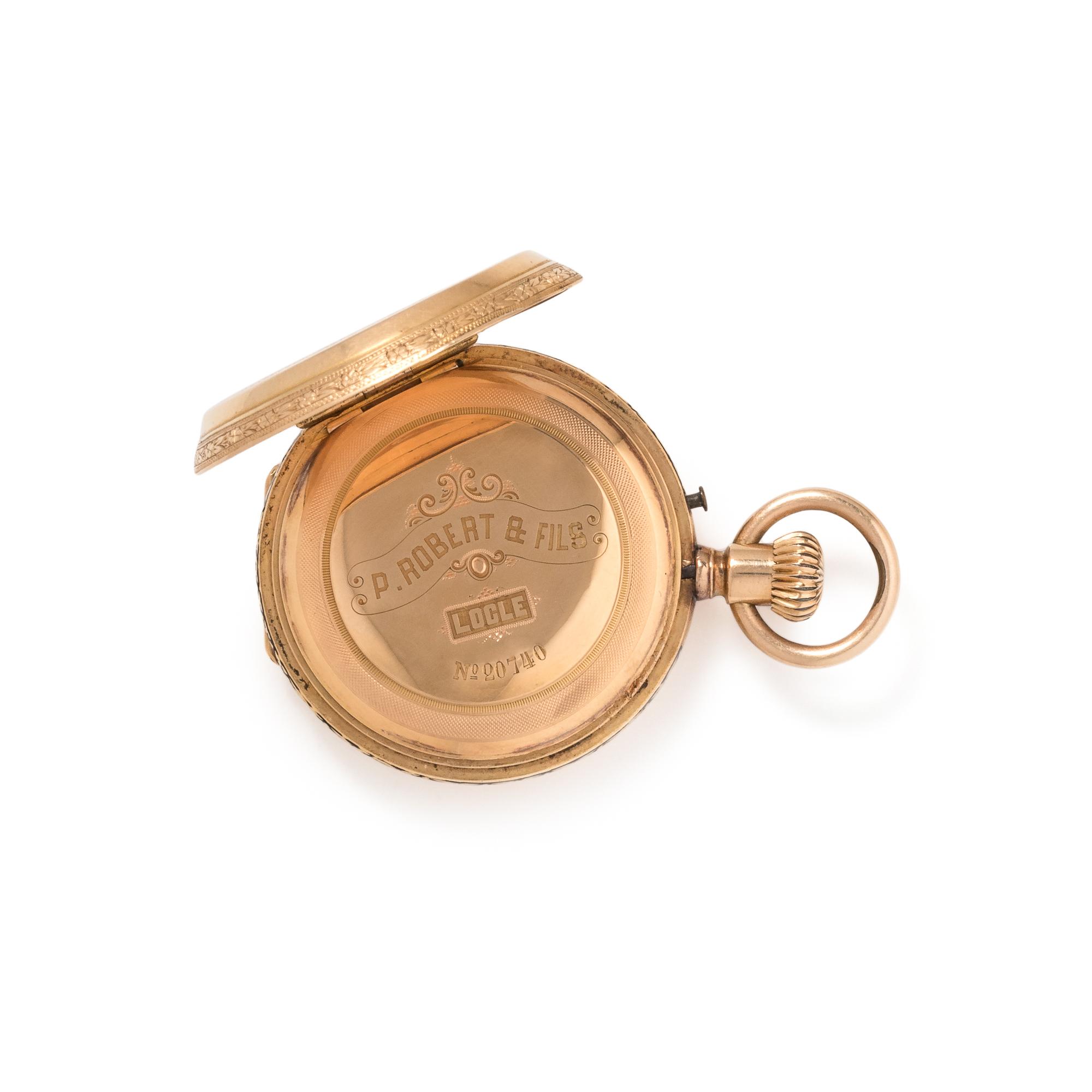 18K YELLOW GOLD AND ENAMEL HUNTER CASE POCKET WATCH