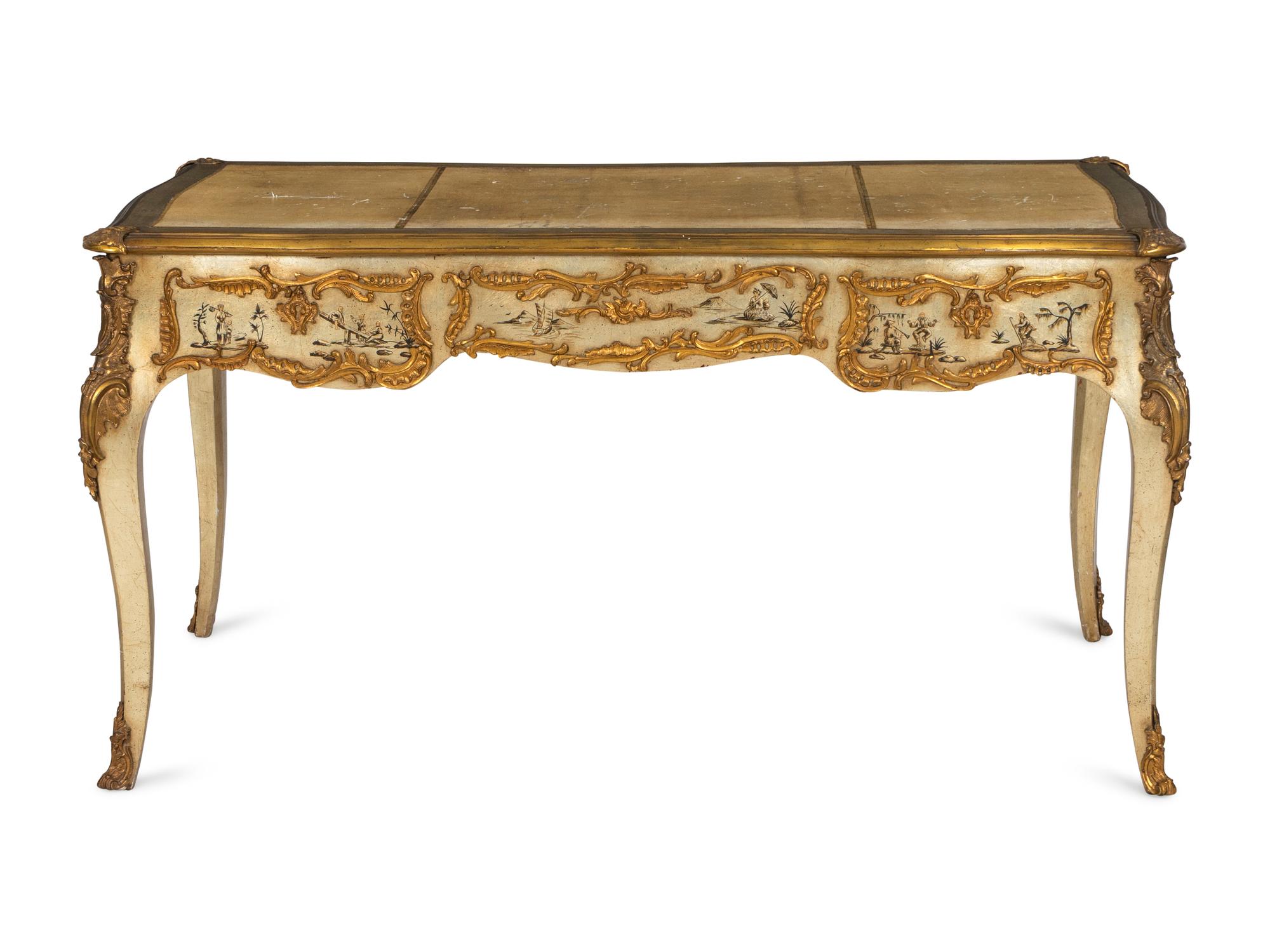 A Louis XV Style Gilt Bronze Mounted Chinoiserie Decorated Bureau Plat