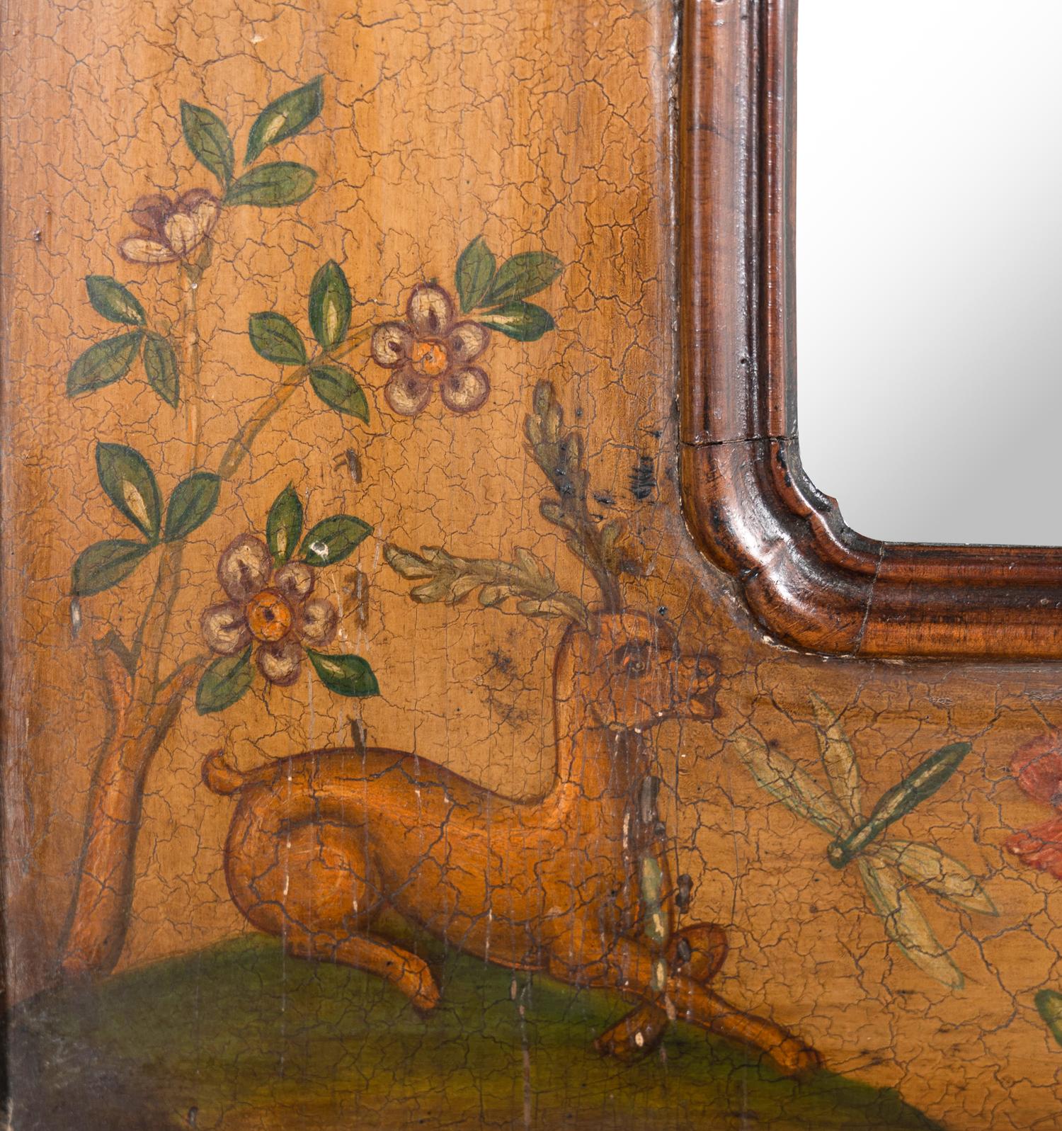 An English Painted Panel Inset Walnut Overmantel Mirror