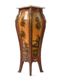 A Pair of Louis XV Style Gilt Metal Mounted Vernis Martin Marble-Top Pedestals