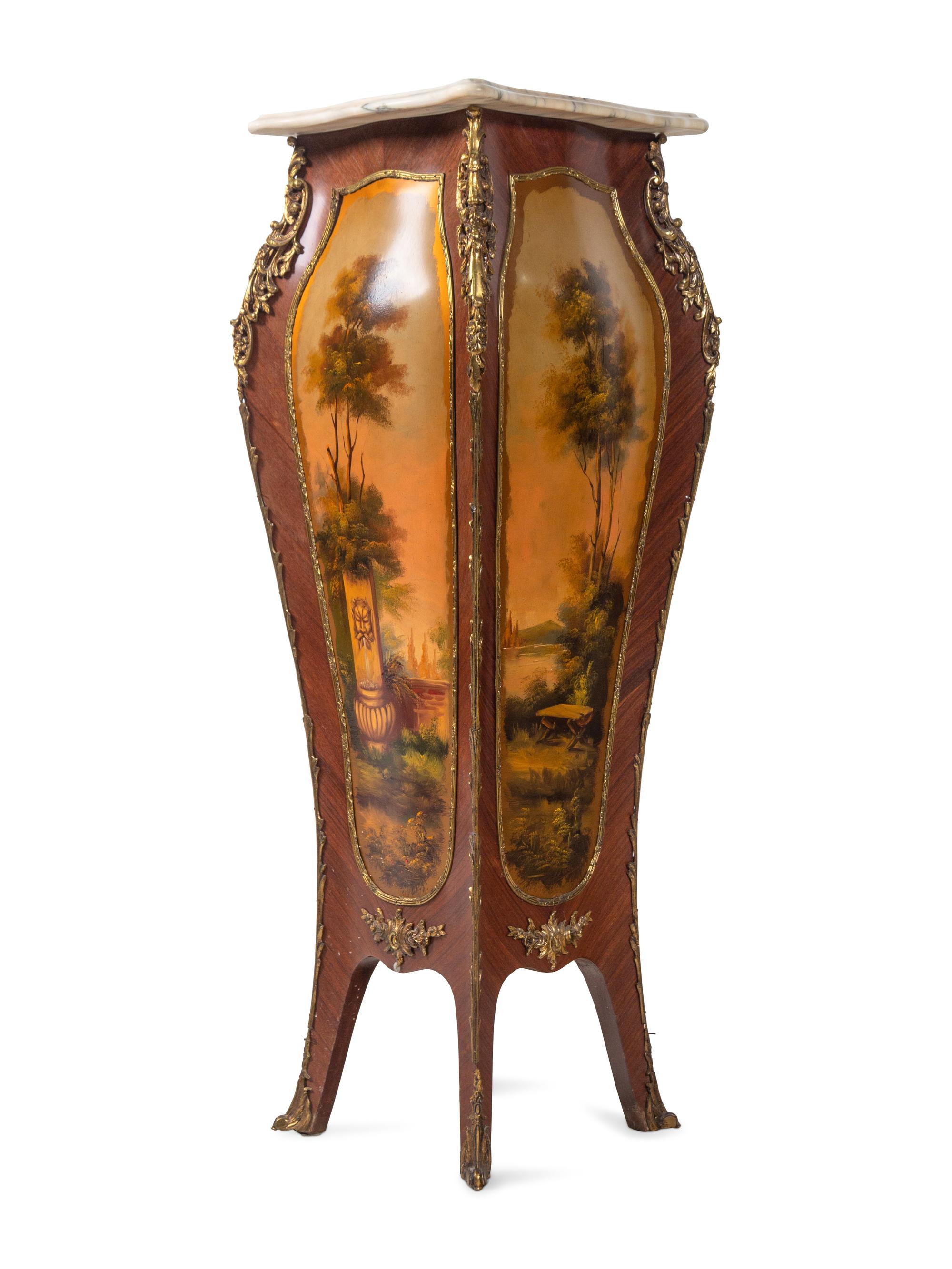 A Pair of Louis XV Style Gilt Metal Mounted Vernis Martin Marble-Top Pedestals