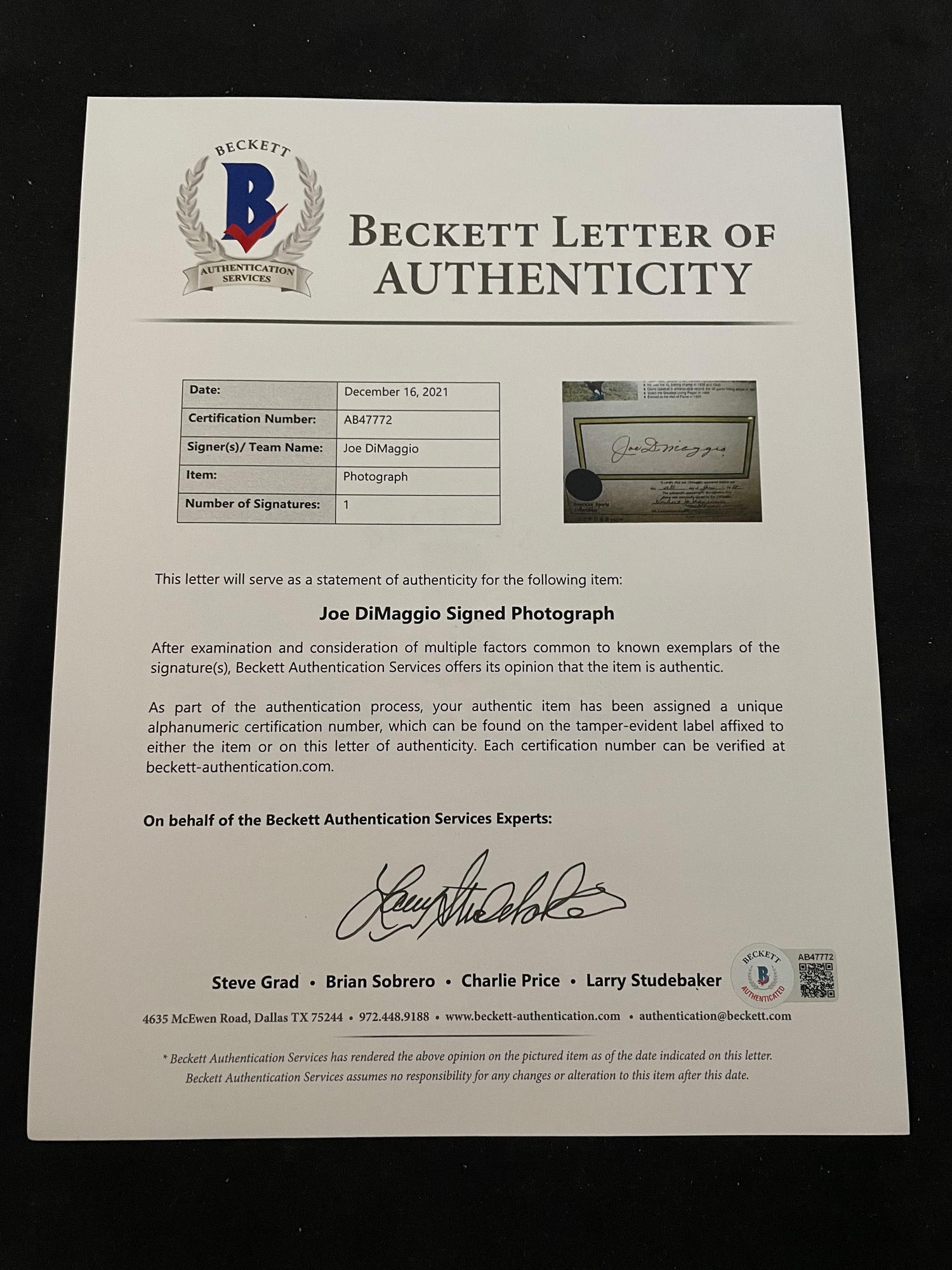 A Joe DiMaggio Signed Autograph Career Statistics Display (Beckett Authentication Services Letter BAS Certified),