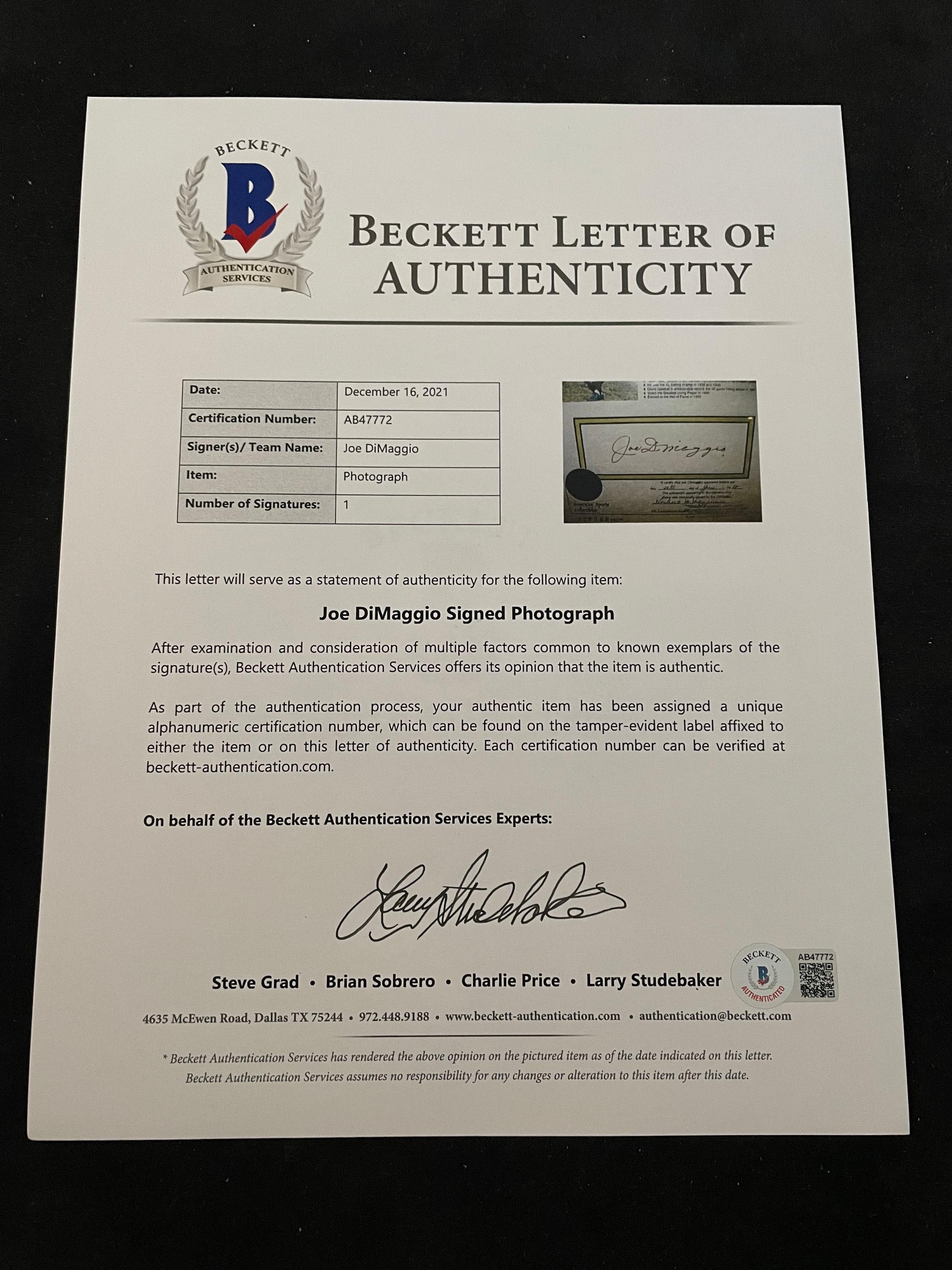 A Joe DiMaggio Signed Autograph Career Statistics Display (Beckett Authentication Services Letter BAS Certified),