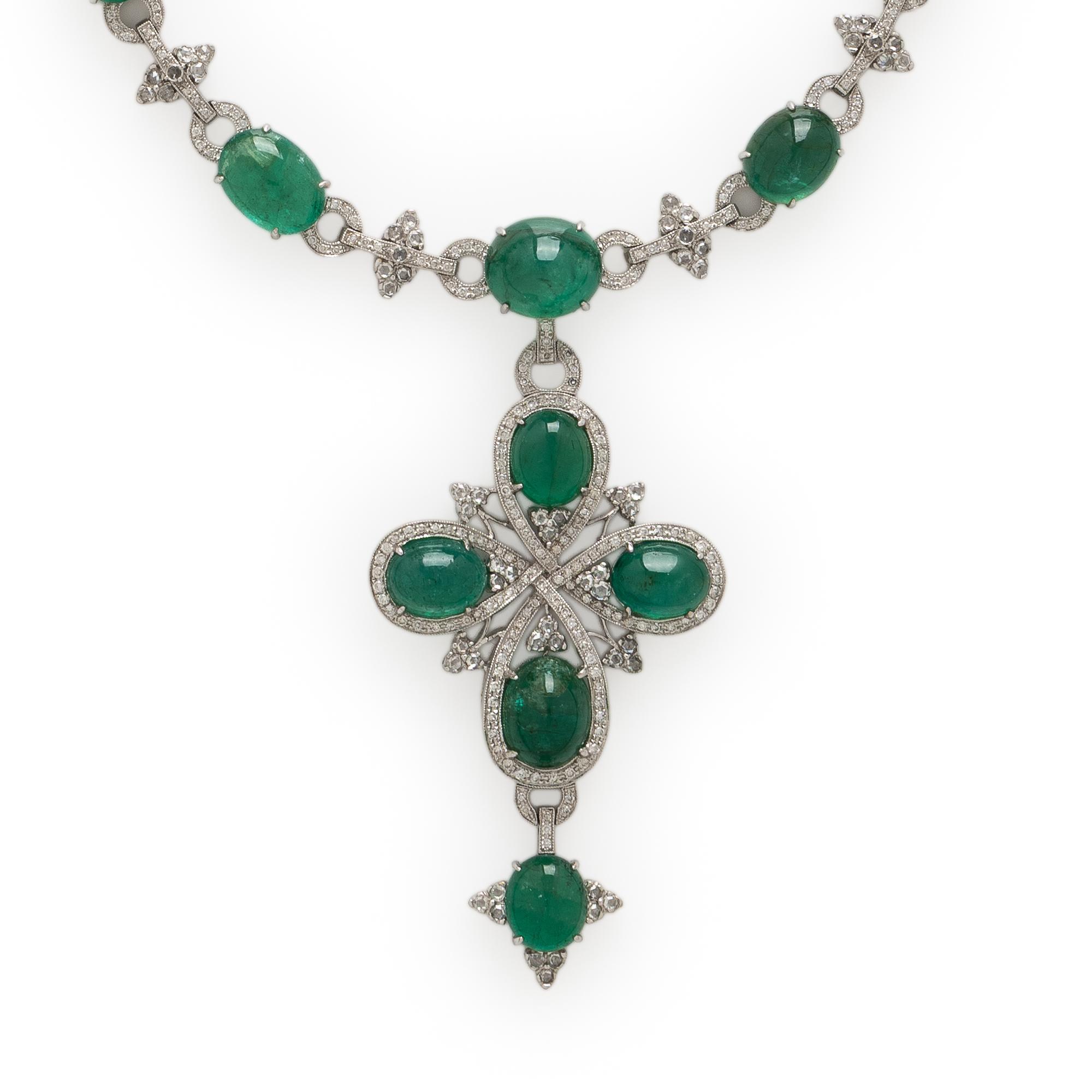 Emerald, Diamond, and White Gold Necklace