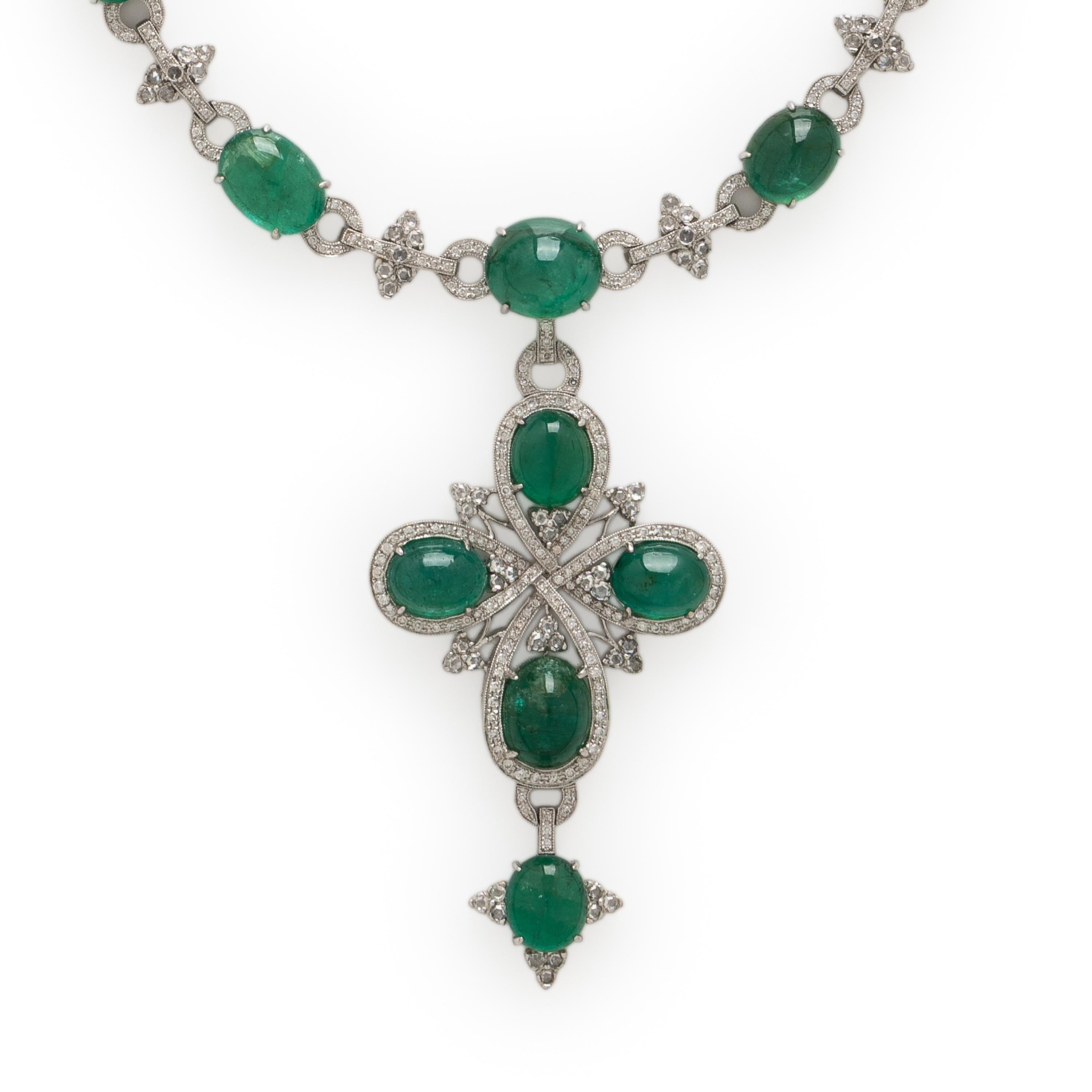 Emerald, Diamond, and White Gold Necklace