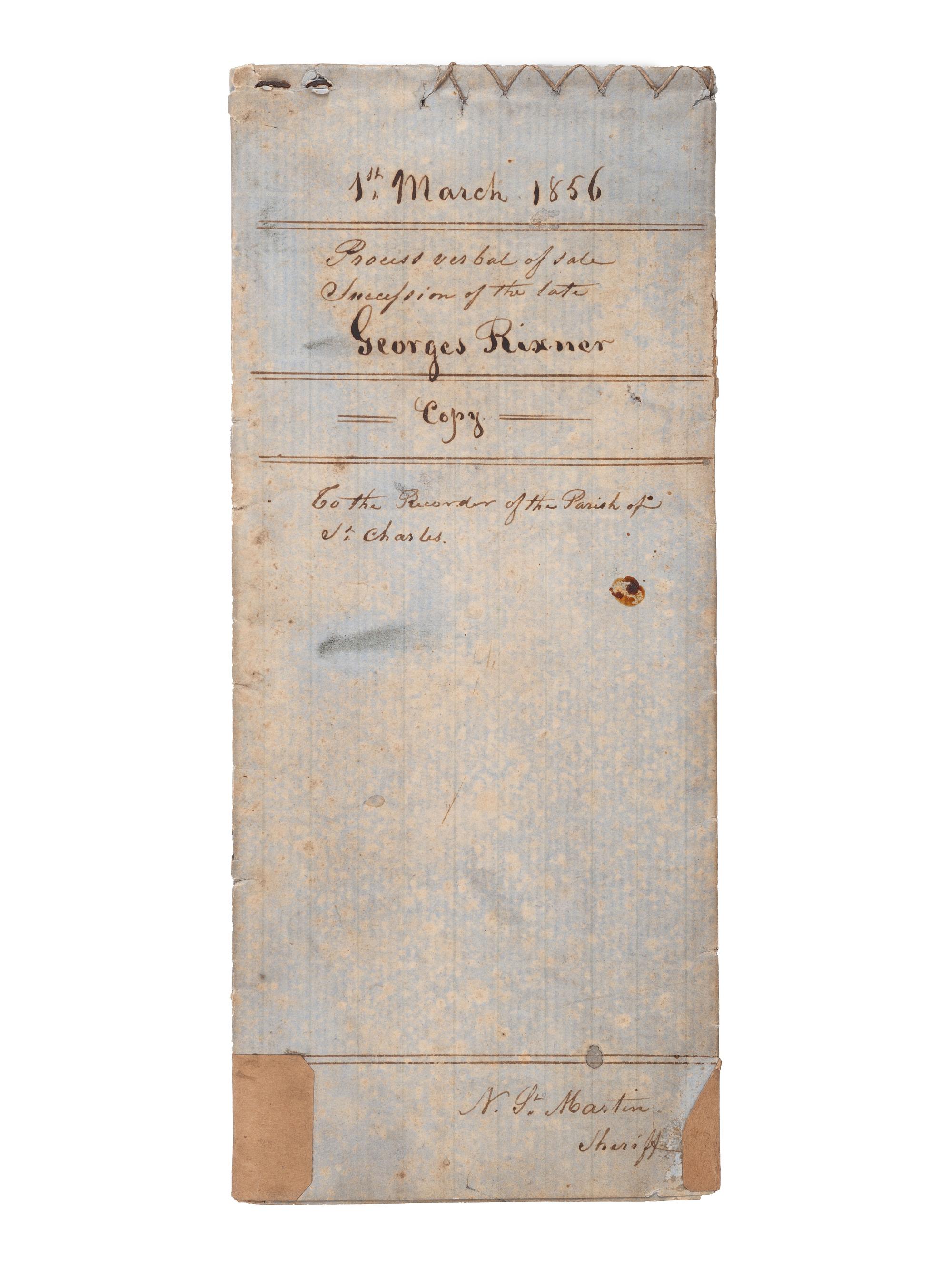 [SLAVERY & ABOLITION]. Manuscript "Process Verbal of Sale" of the late George Rixner, incl. list of 45 enslaved African Americans. St. Charles Parish, LA,1 March 1856.