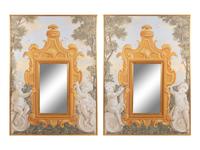 A Pair of Continental Painted Canvas and Parcel Gilt Pier Mirrors
