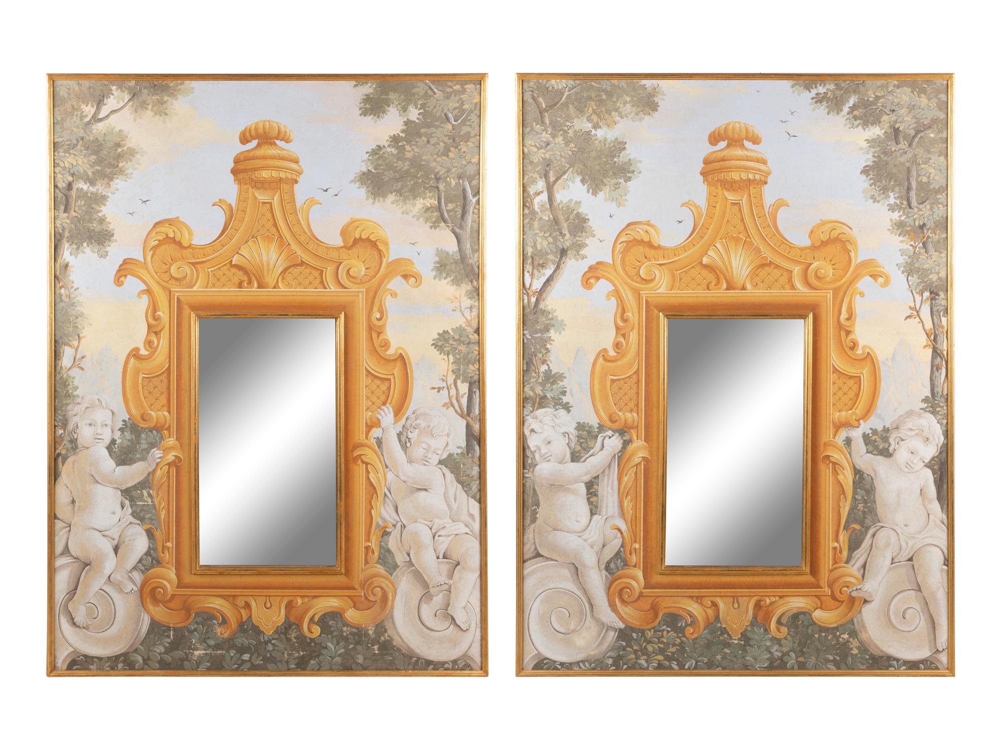 A Pair of Continental Painted Canvas and Parcel Gilt Pier Mirrors