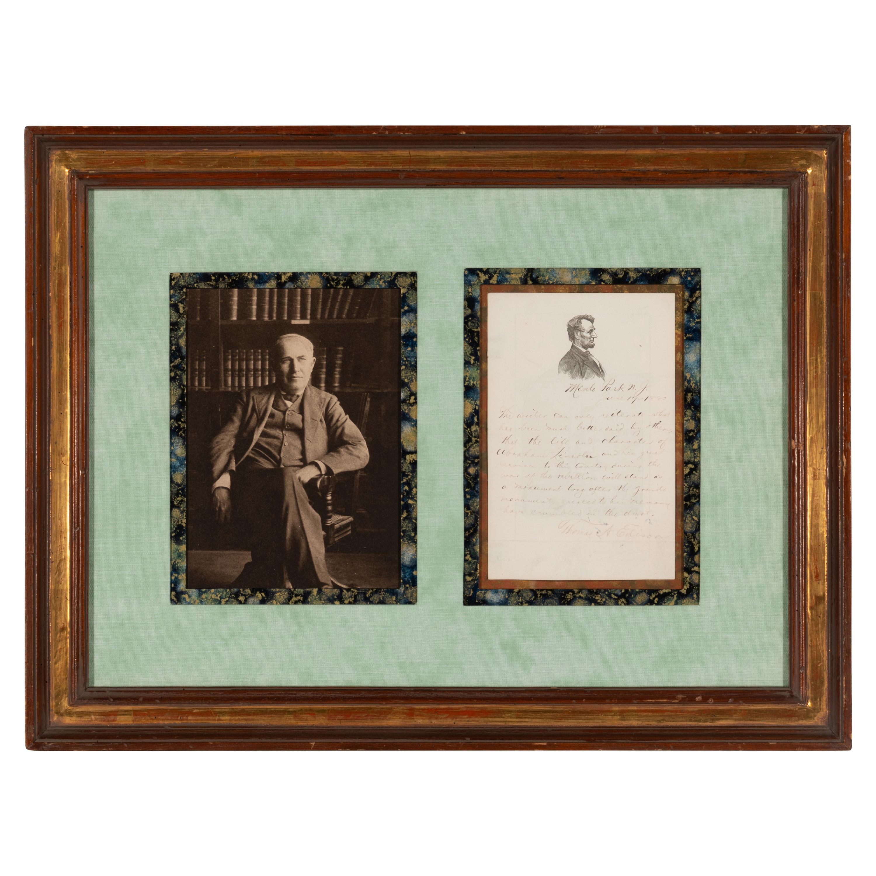 [LINCOLN, Abraham (1809-1865)]. EDISON, Thomas Alva (1847-1931). Autograph note signed ("Thomas A. Edison"), Menlo Park, New York, 17 June 1880.