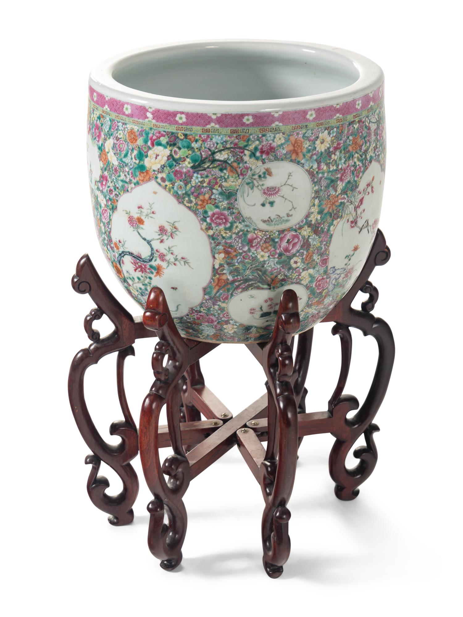 A Large Chinese Famille Rose ‘Millefleur’ Porcelain Fish Bowl
